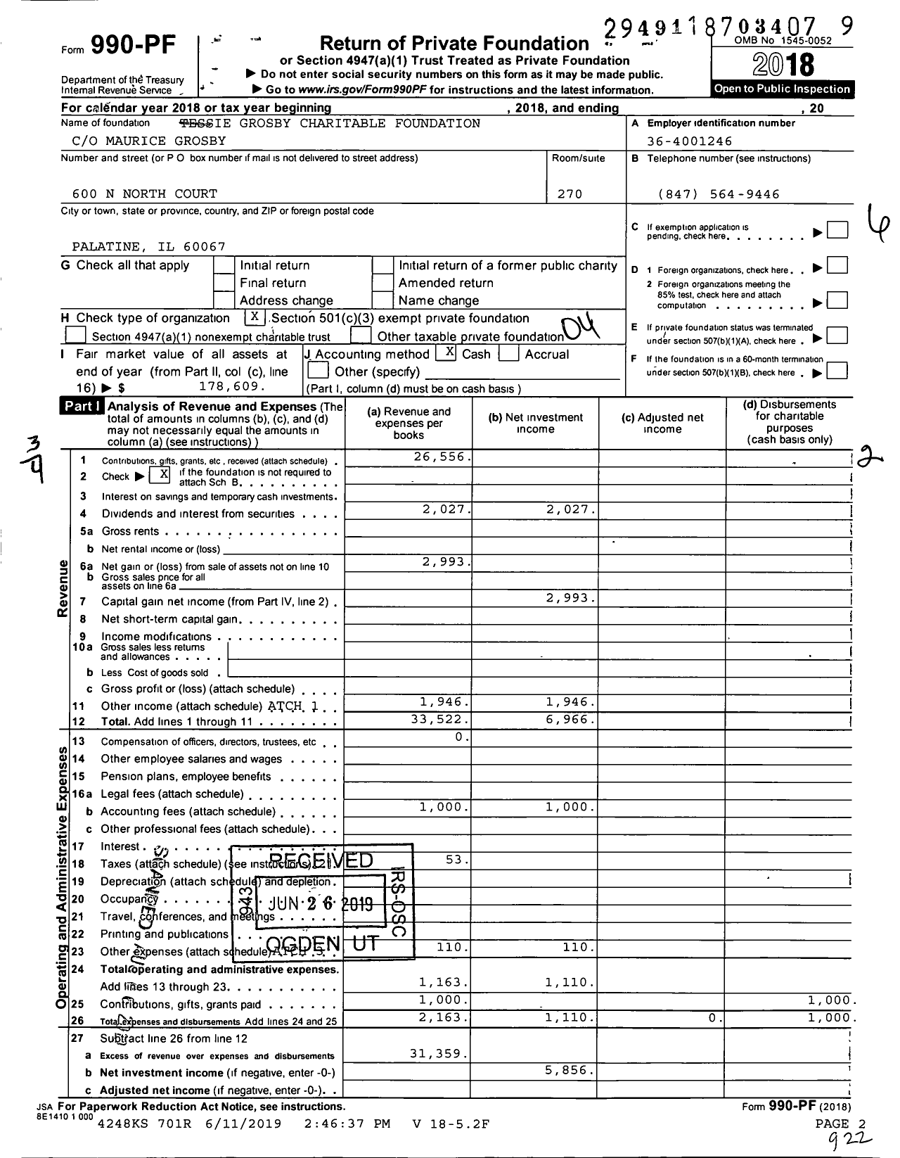 Image of first page of 2018 Form 990PF for Tessie Grosby Charitable Foundation