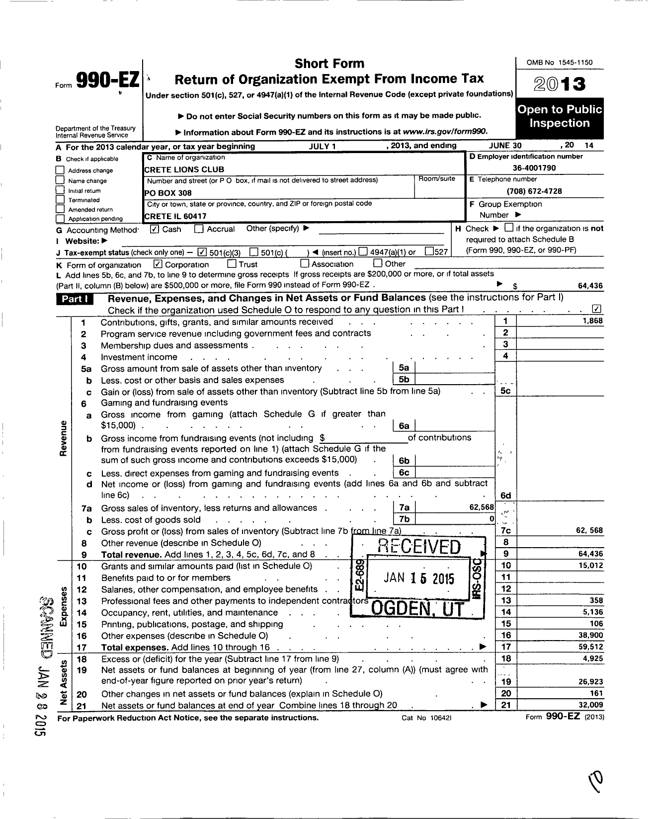 Image of first page of 2013 Form 990EZ for Lions Clubs - 107 Crete