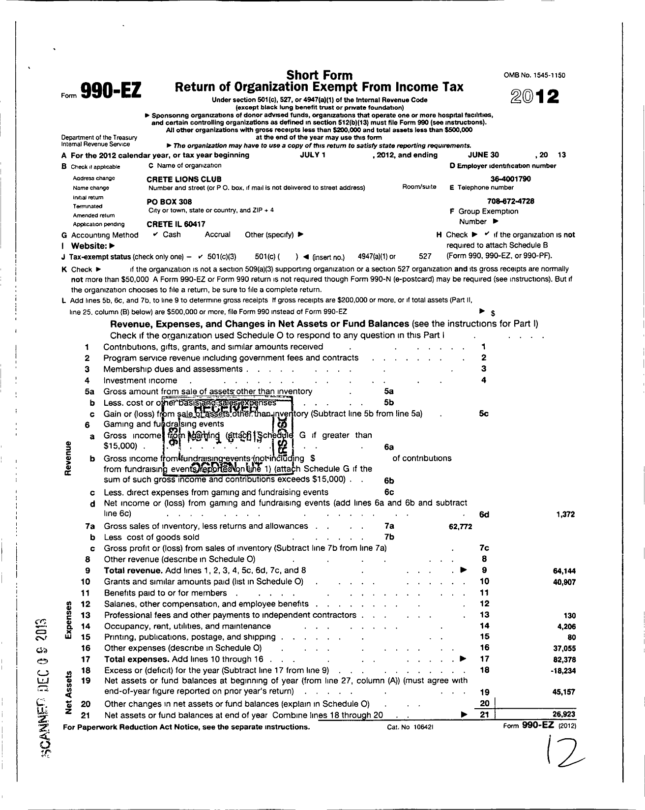 Image of first page of 2012 Form 990EZ for Lions Clubs - 107 Crete