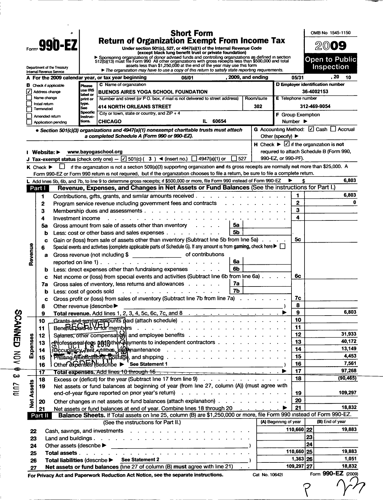 Image of first page of 2009 Form 990EZ for Buenos Aires Yoga School Foundation