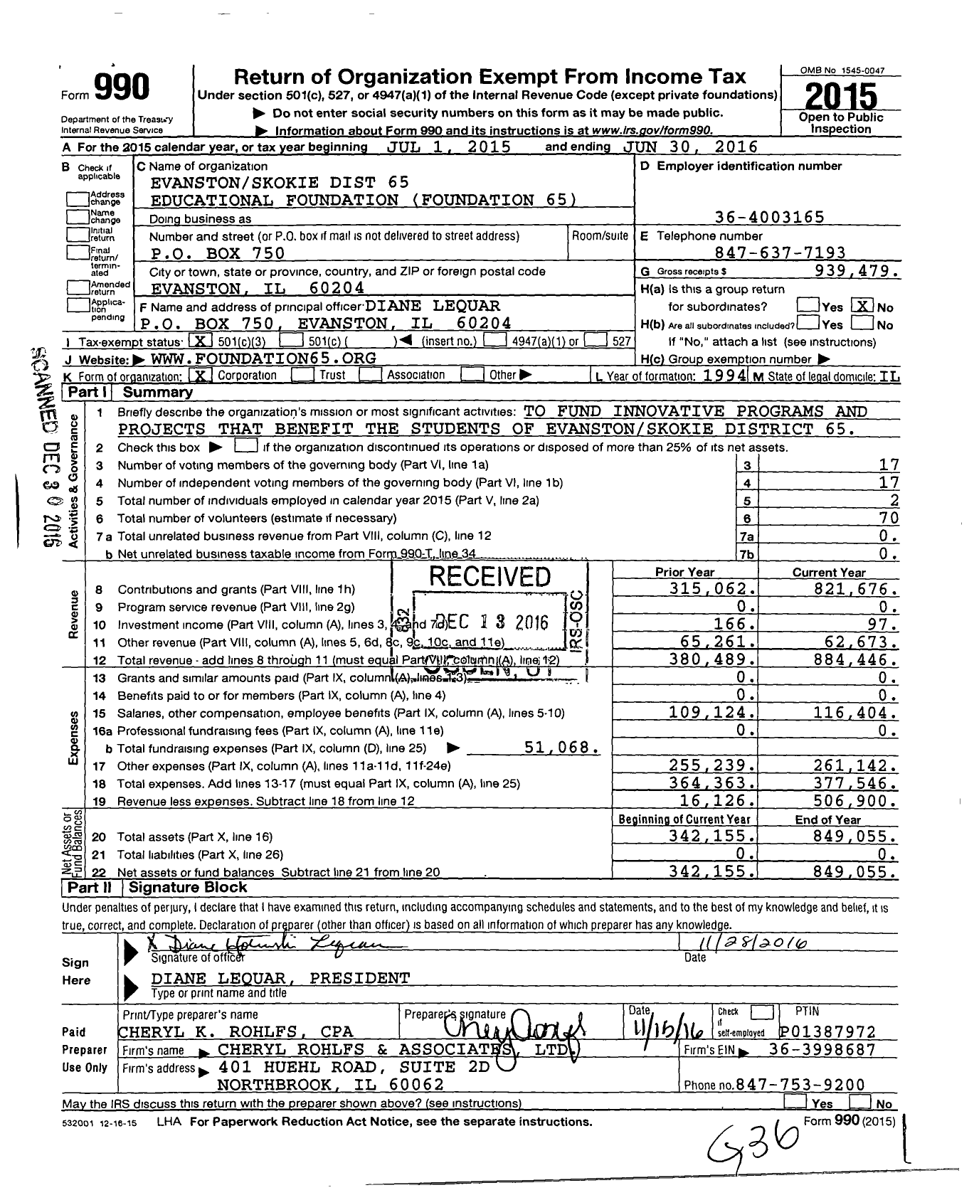 Image of first page of 2015 Form 990 for Evanstonskokie Dist 65 Educational Foundation