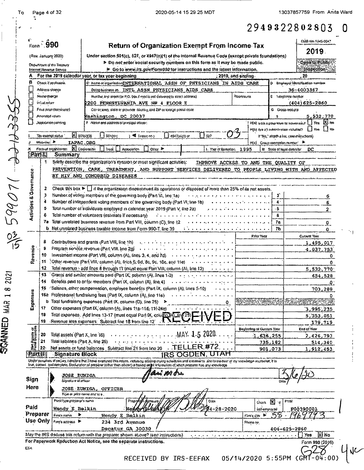 Image of first page of 2019 Form 990 for International Association of Providers of AIDS (IAPAC)