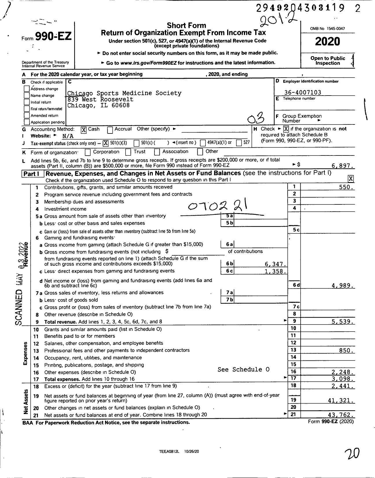 Image of first page of 2020 Form 990EZ for Chicago Sports Medicine Society