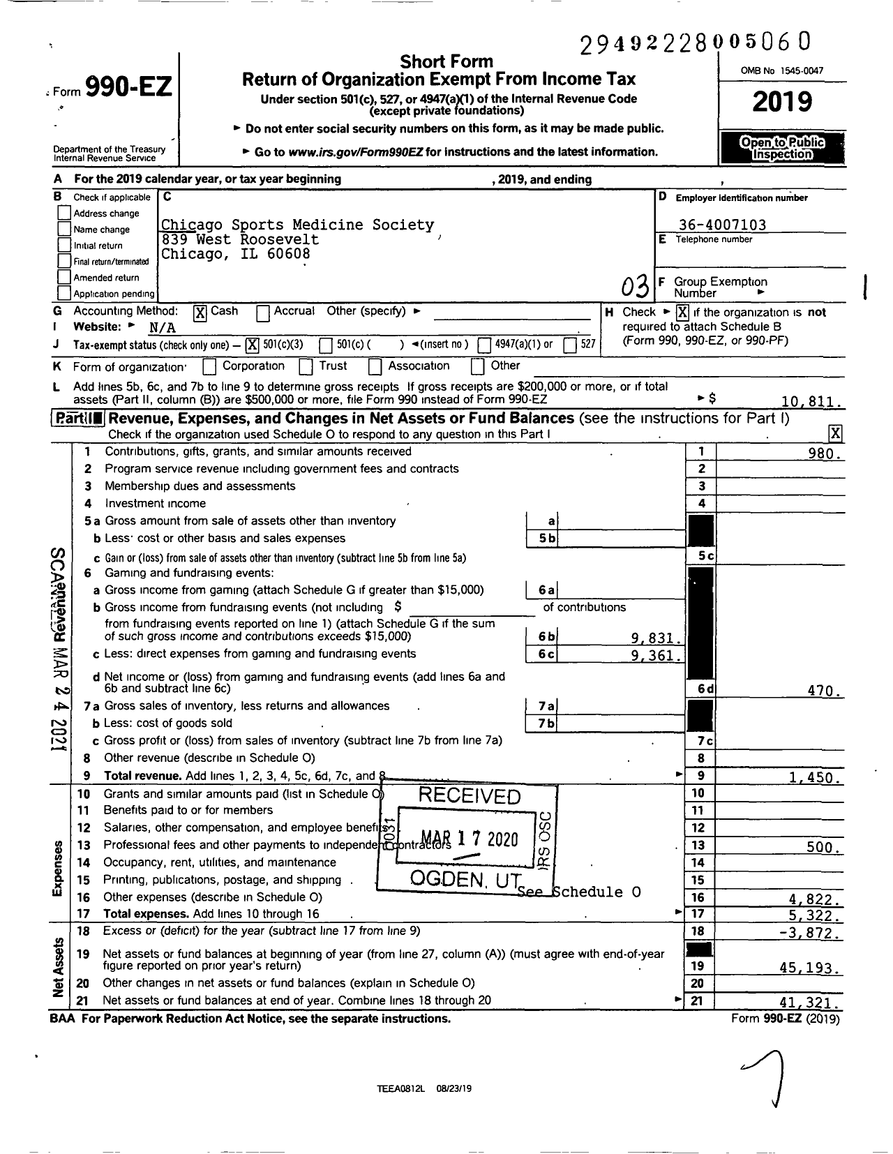 Image of first page of 2019 Form 990EZ for Chicago Sports Medicine Society