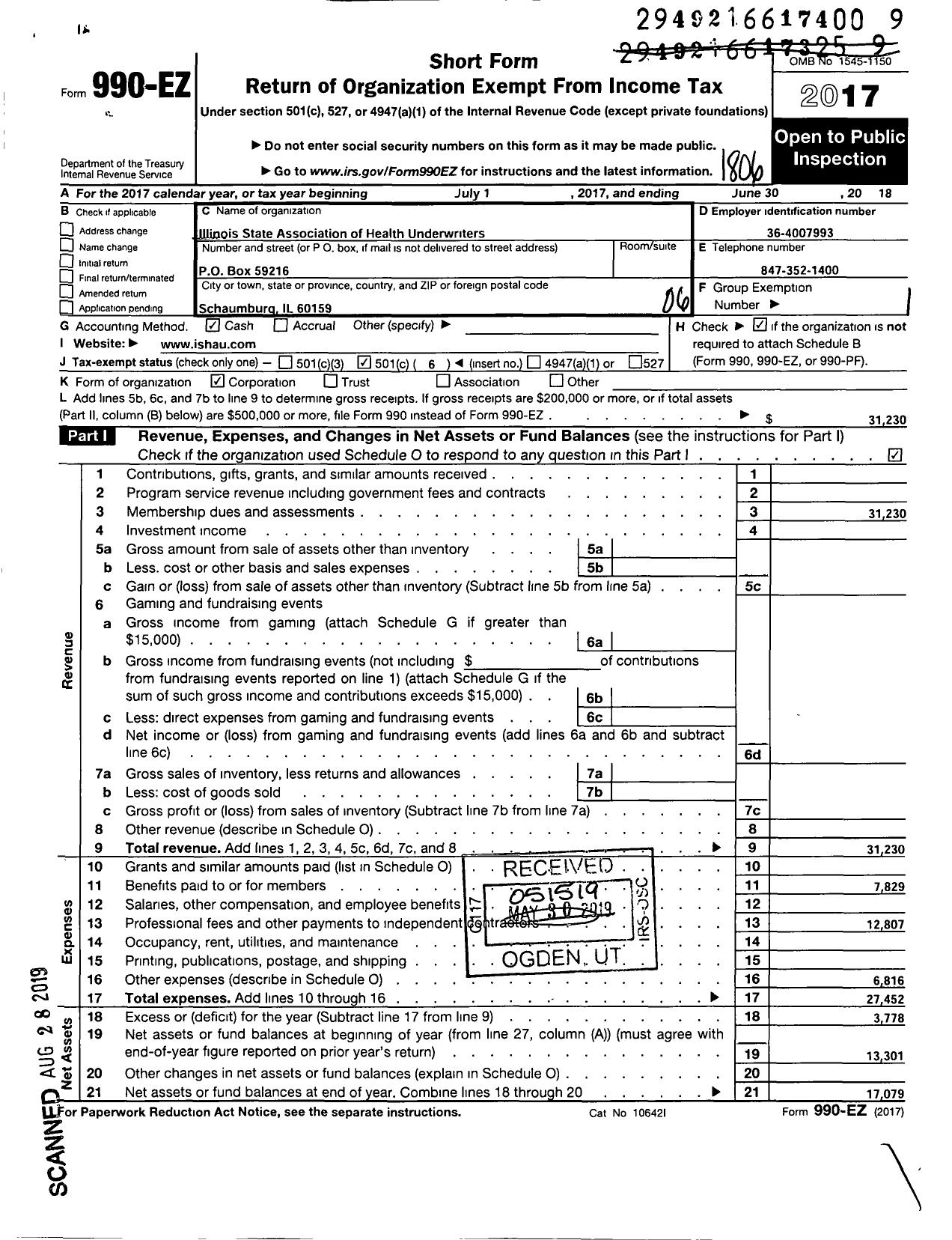 Image of first page of 2017 Form 990EO for Illinois State Association of Health Underwriters