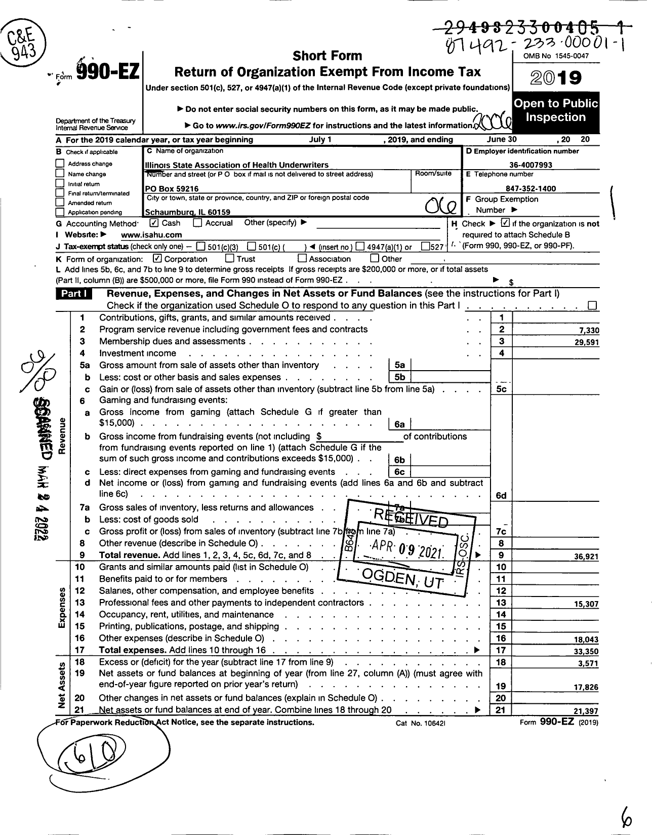 Image of first page of 2019 Form 990EO for Illinois State Association of Health Underwriters