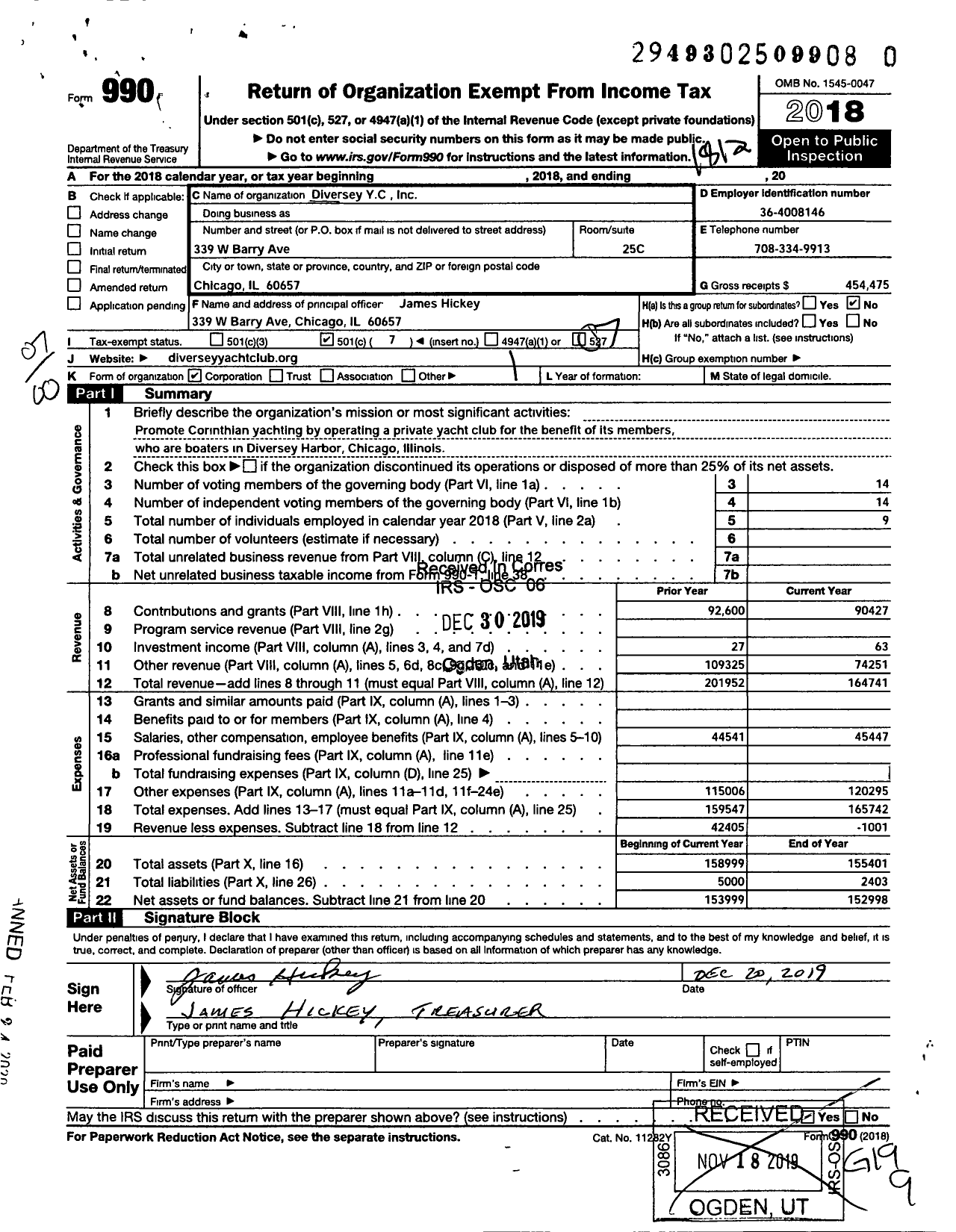 Image of first page of 2018 Form 990O for Diversey Yacht Club