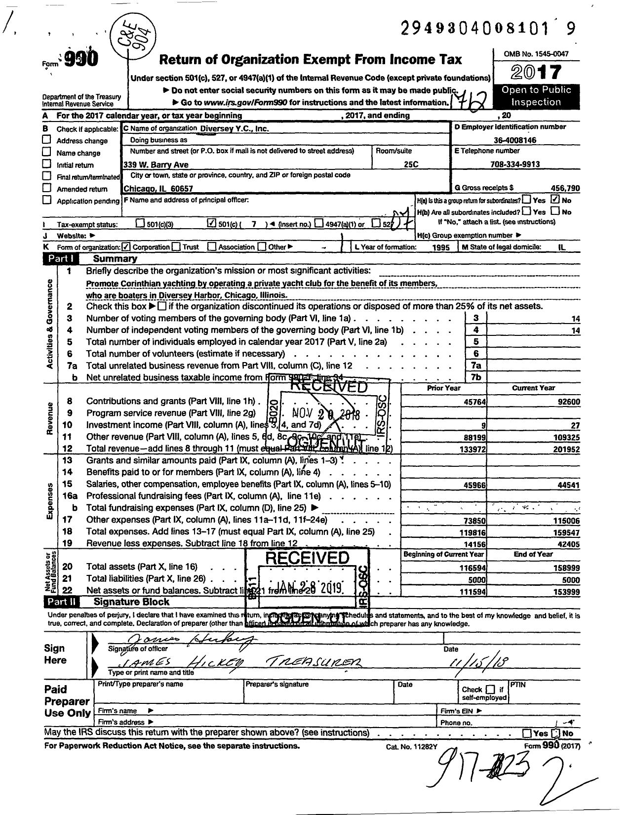 Image of first page of 2017 Form 990O for Diversey Yacht Club