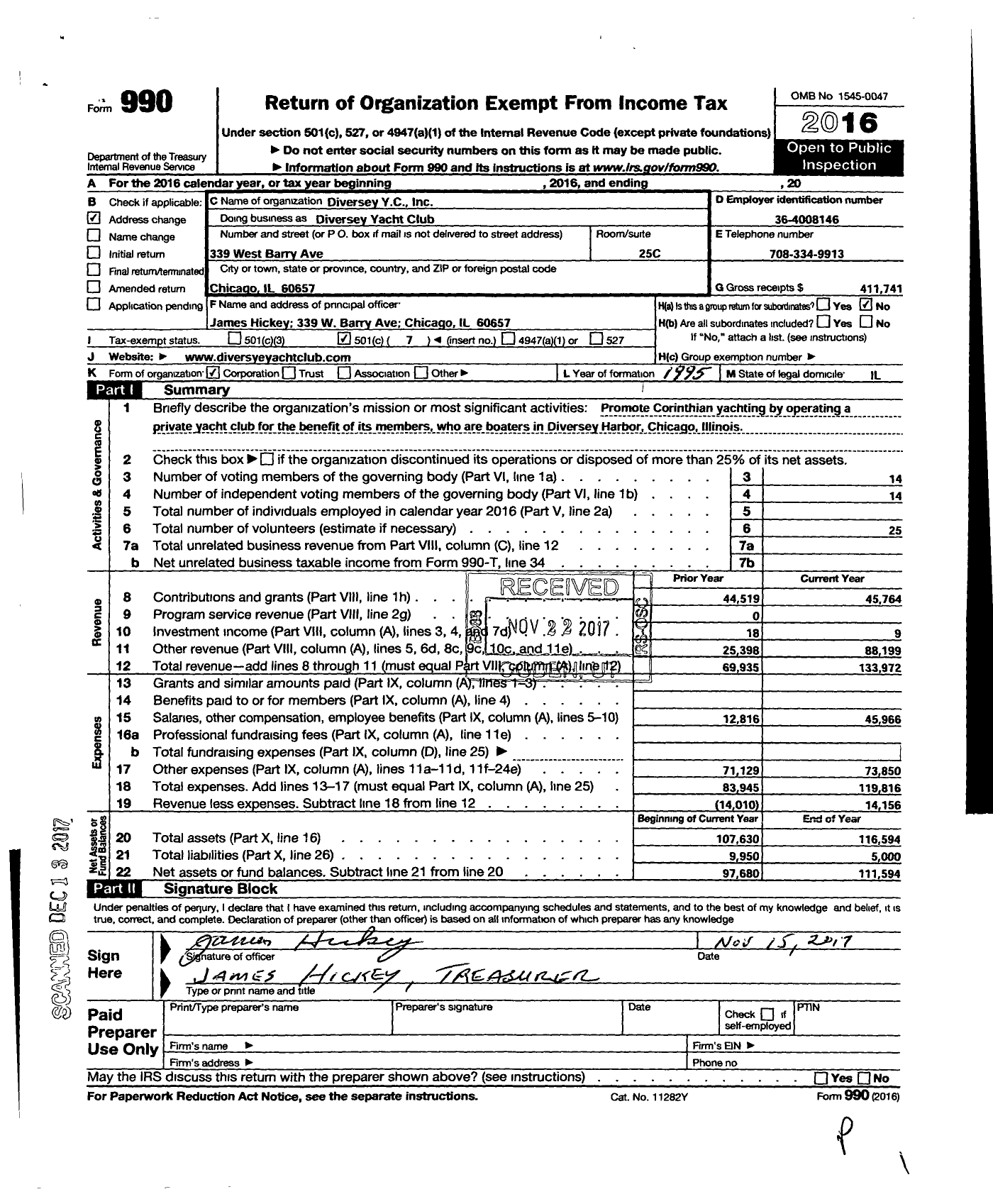 Image of first page of 2016 Form 990O for Diversey Yacht Club