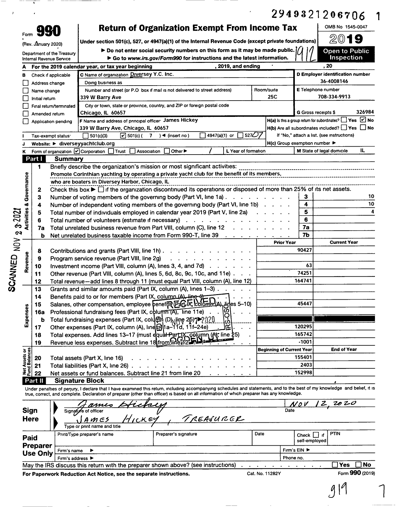 Image of first page of 2019 Form 990O for Diversey Yacht Club