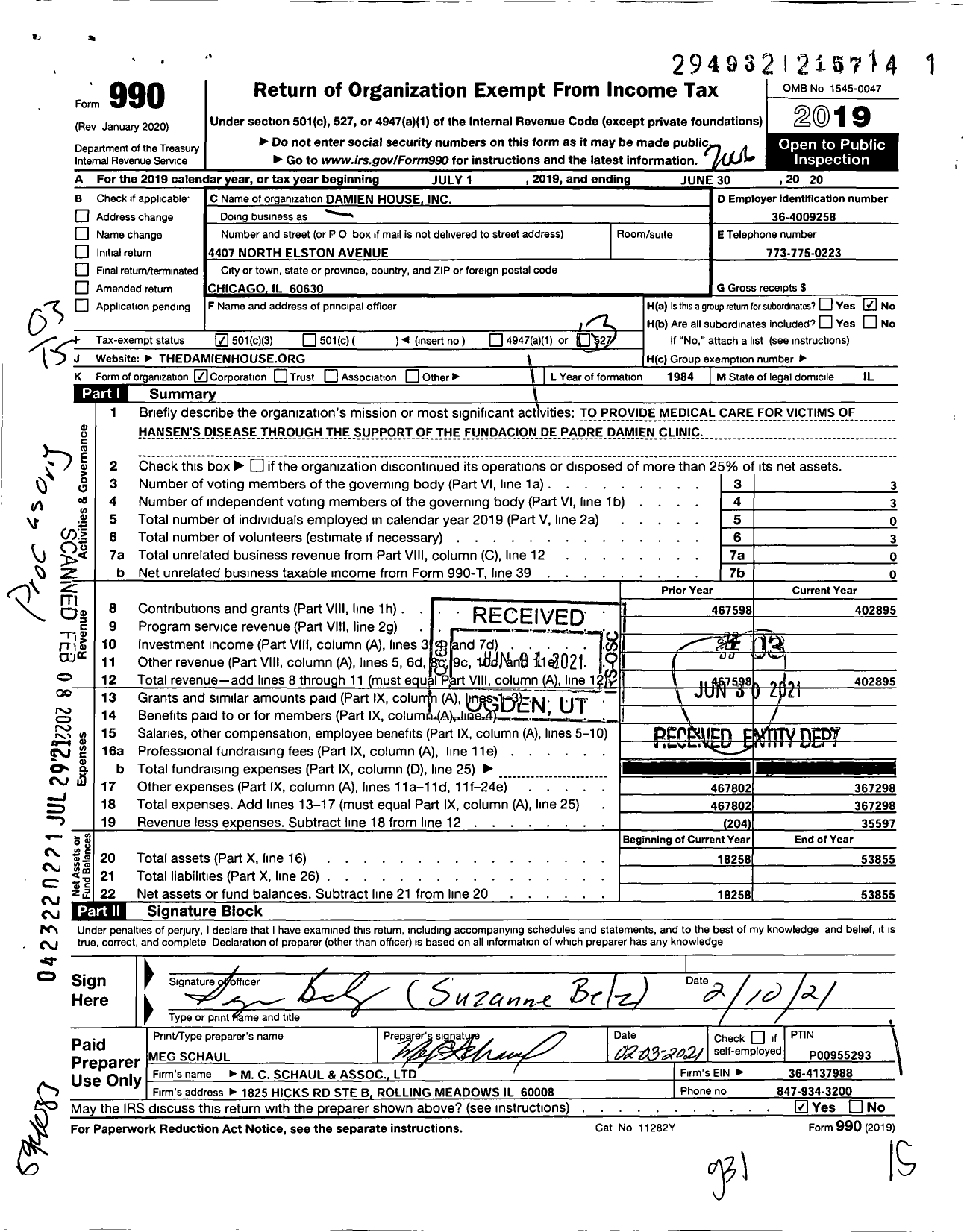 Image of first page of 2019 Form 990 for Damien House