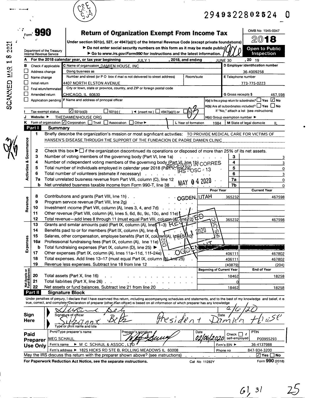 Image of first page of 2018 Form 990 for Damien House