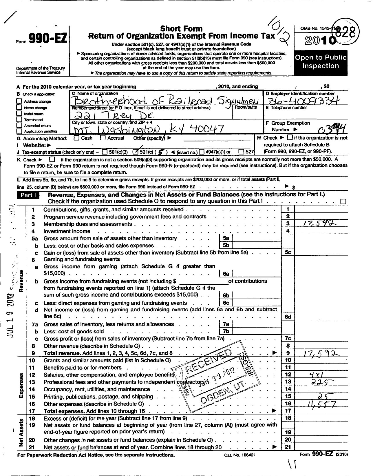 Image of first page of 2010 Form 990EO for Brotherhood of Railroad Signalmen - 234 Safetran Local