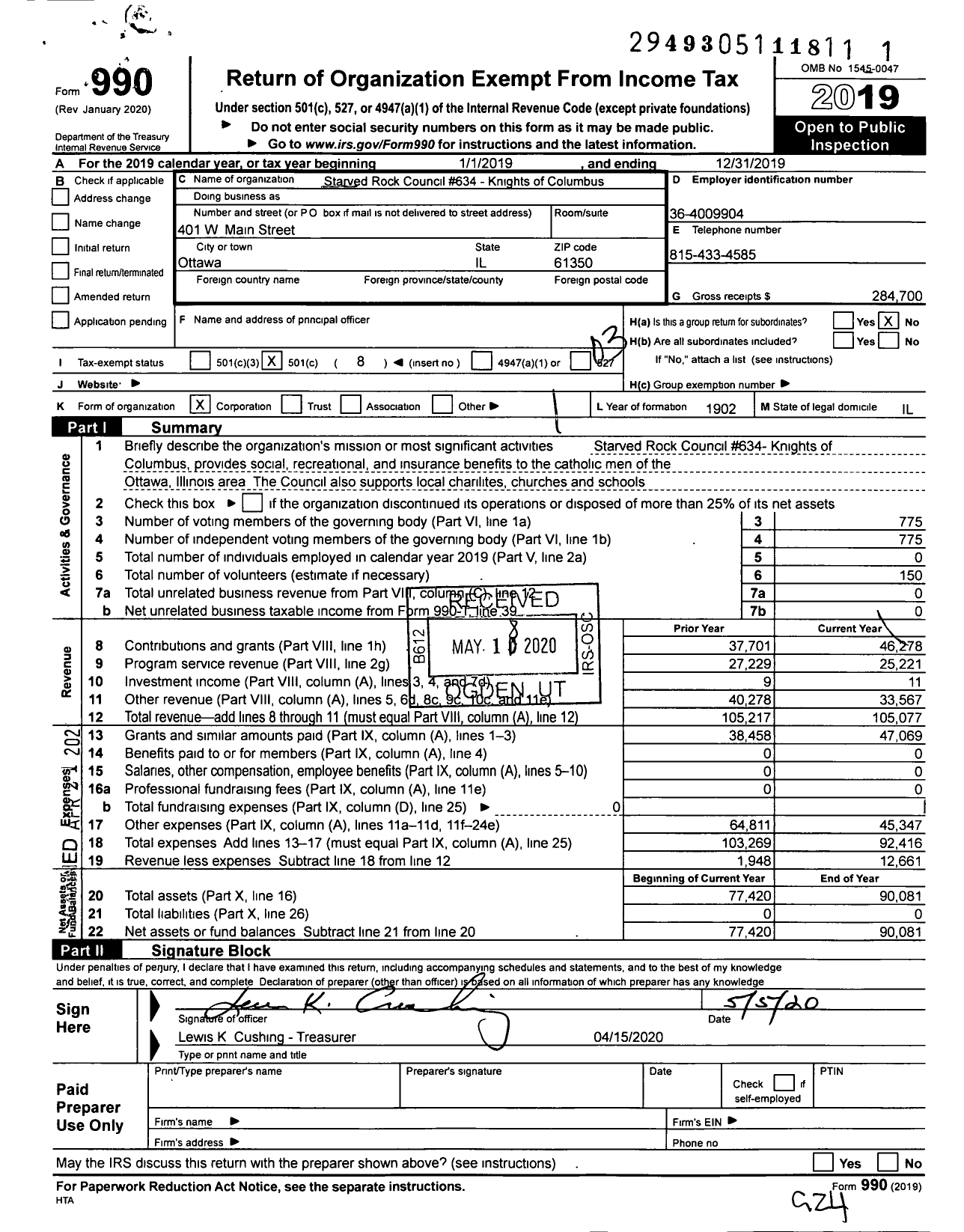 Image of first page of 2019 Form 990 for Knights of Columbus - Starved Rock Council 634 Knights of Columbus