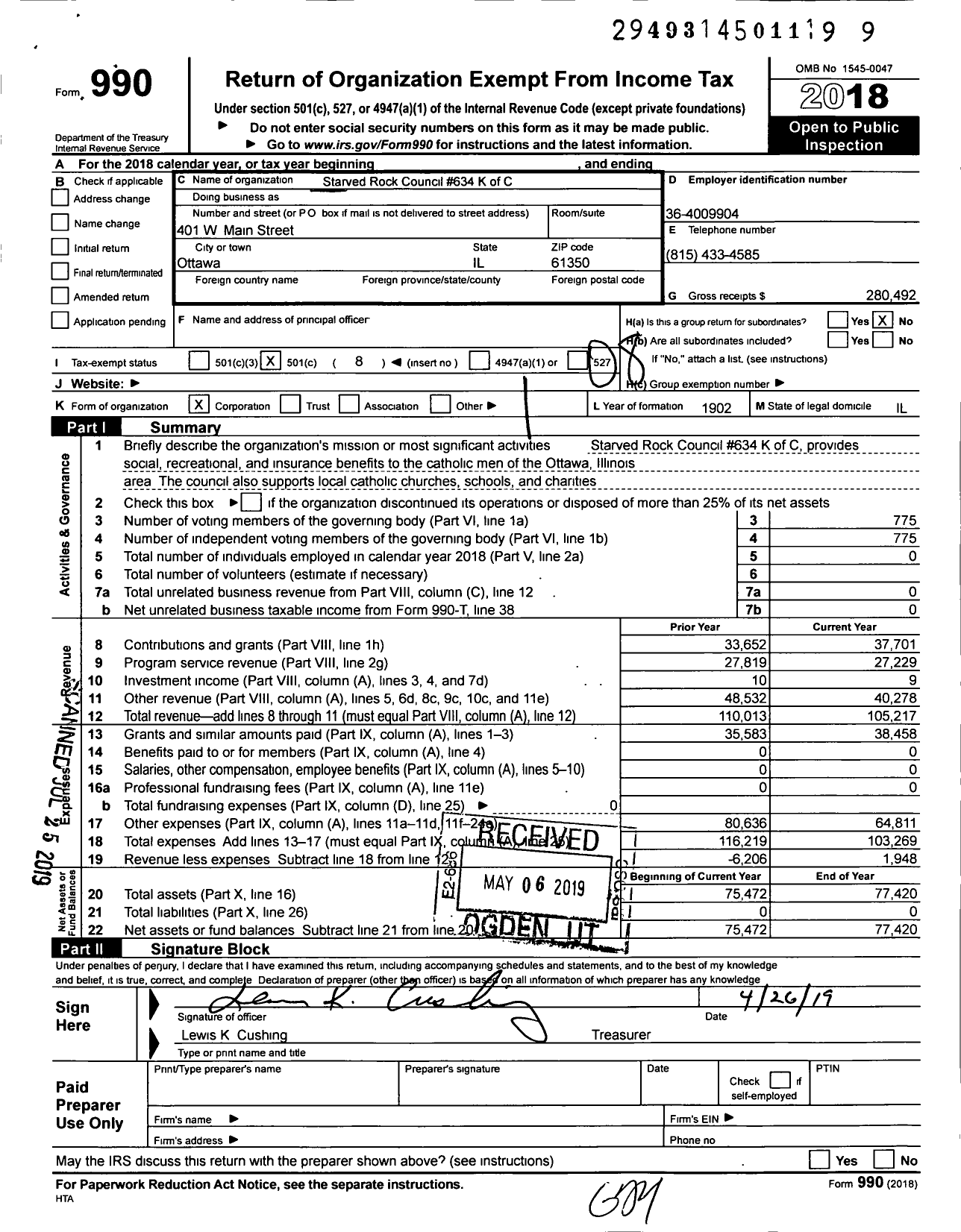 Image of first page of 2018 Form 990O for Knights of Columbus - Starved Rock Council 634 Knights of Columbus