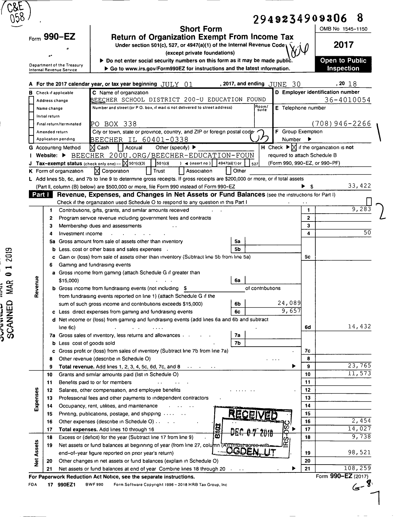 Image of first page of 2017 Form 990EZ for Beecher School District 200-u Education Foundation