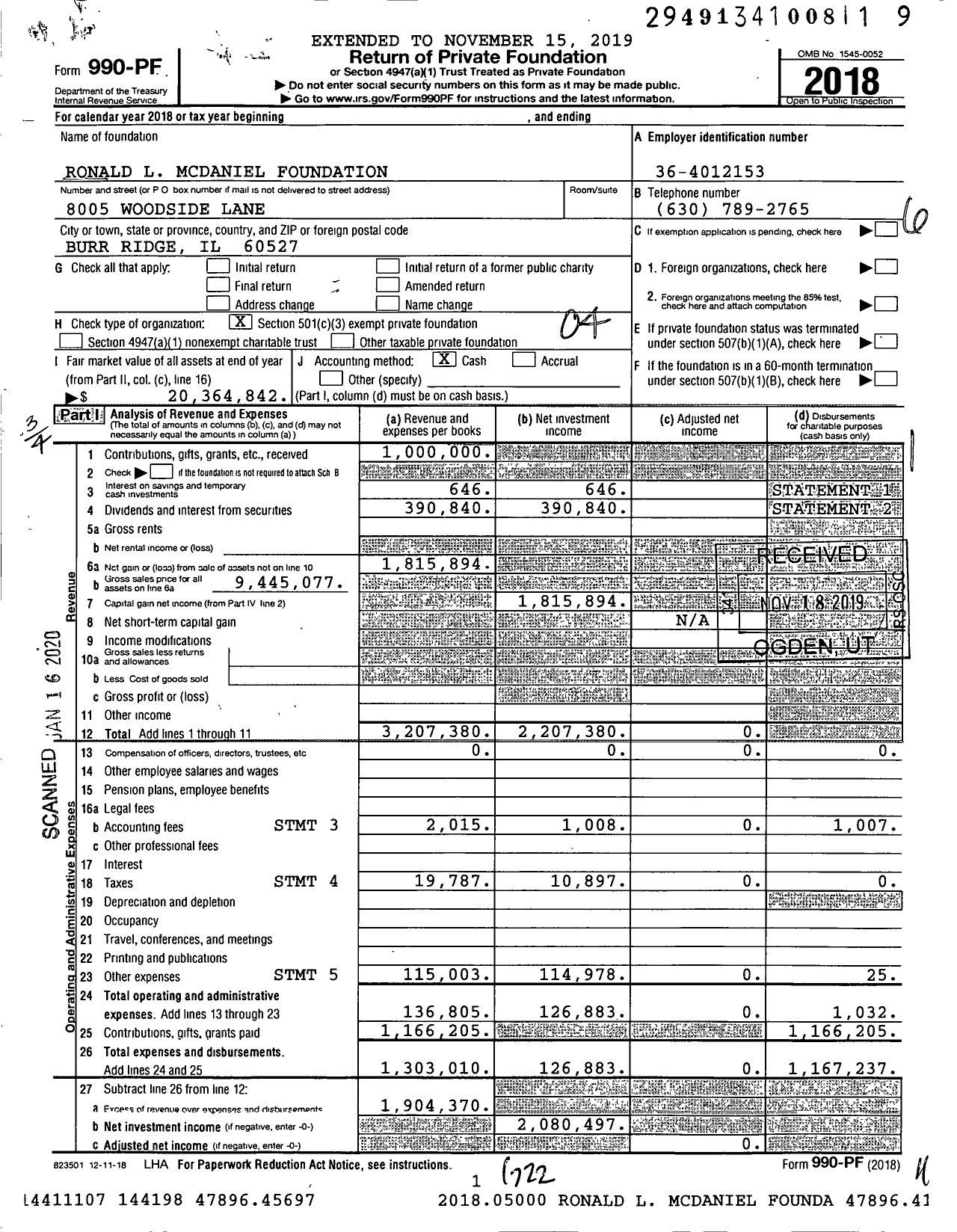 Image of first page of 2018 Form 990PF for Ronald L McDaniel Foundation