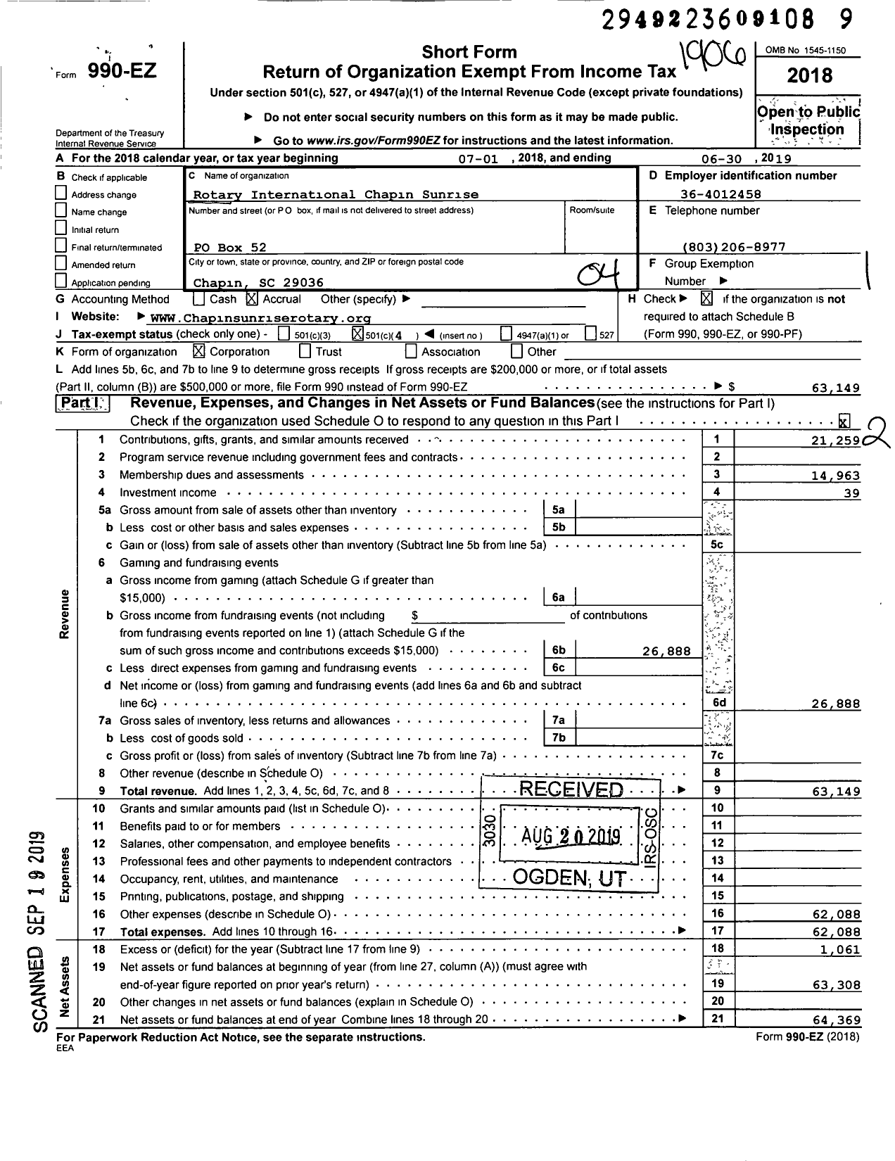 Image of first page of 2018 Form 990EO for Rotary International Chapin Sunrise