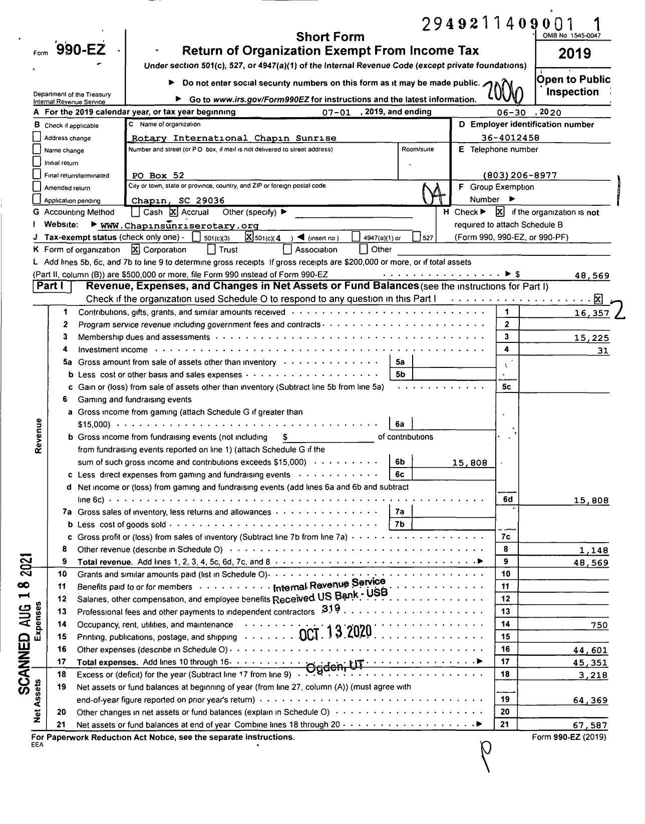 Image of first page of 2019 Form 990EO for Rotary International Chapin Sunrise