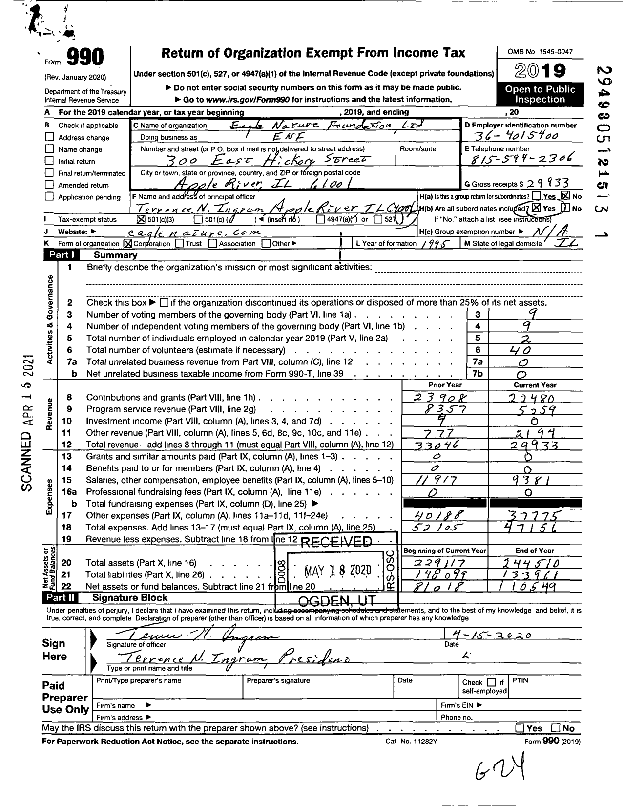 Image of first page of 2019 Form 990 for Eagle Nature Foundation (ENF)