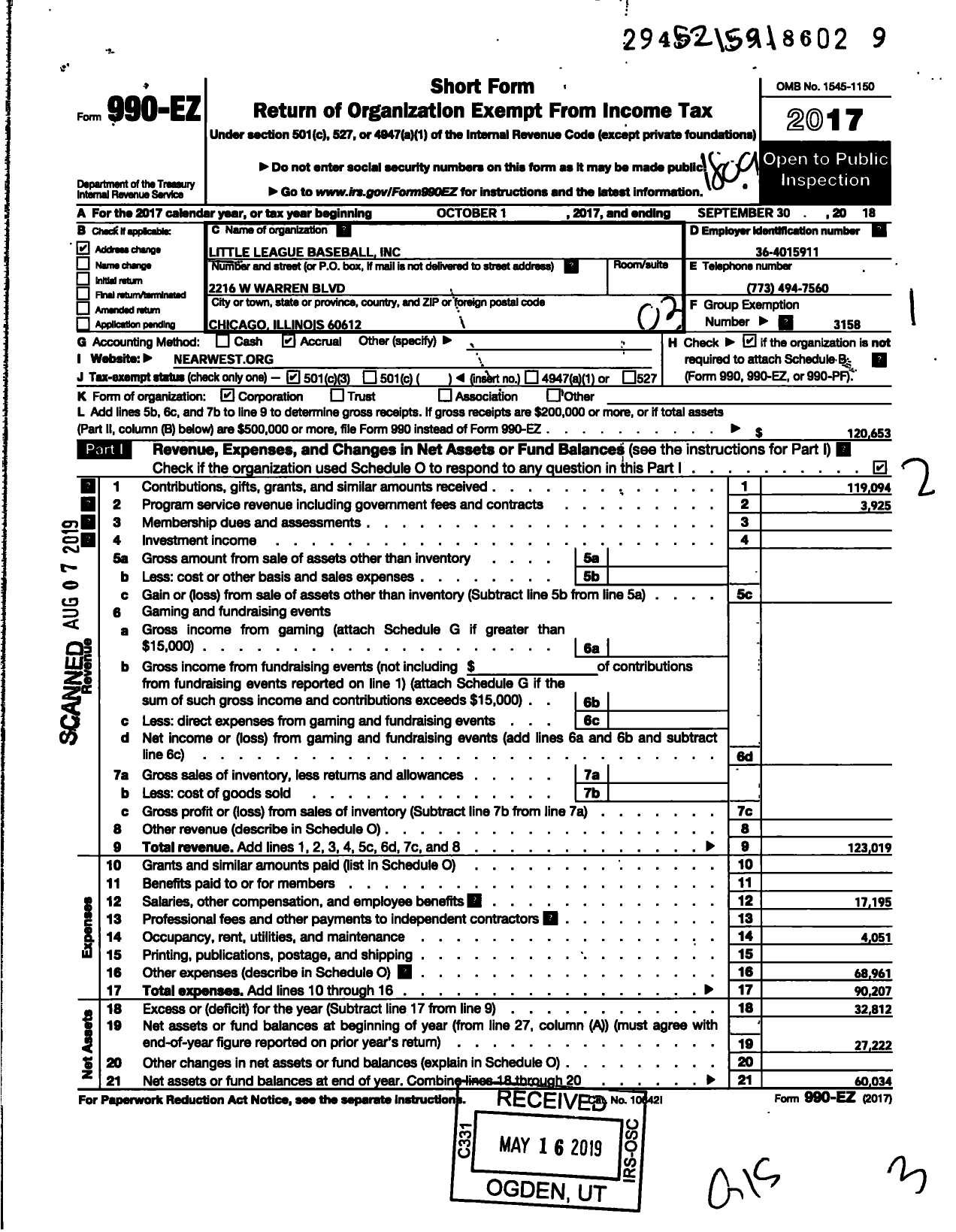 Image of first page of 2017 Form 990EZ for Little League Baseball - Near West Little League 1130414