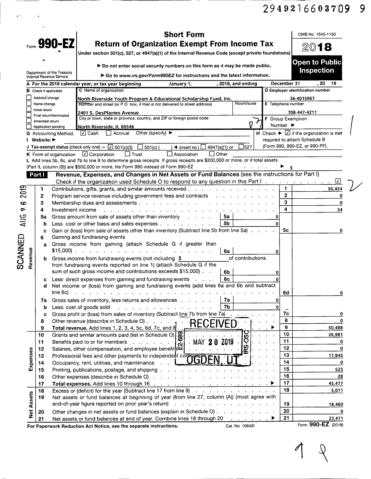 Image of first page of 2018 Form 990EZ for North Riverside Youth Program and Educational Scholarship Fund