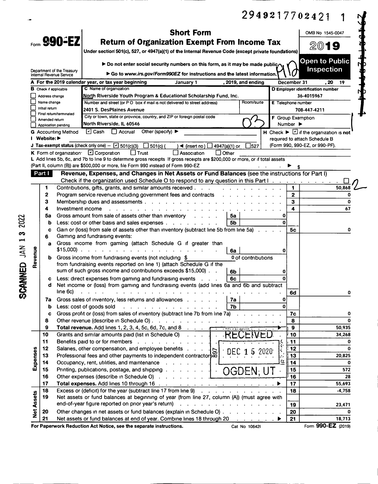 Image of first page of 2019 Form 990EZ for North Riverside Youth Program and Educational Scholarship Fund