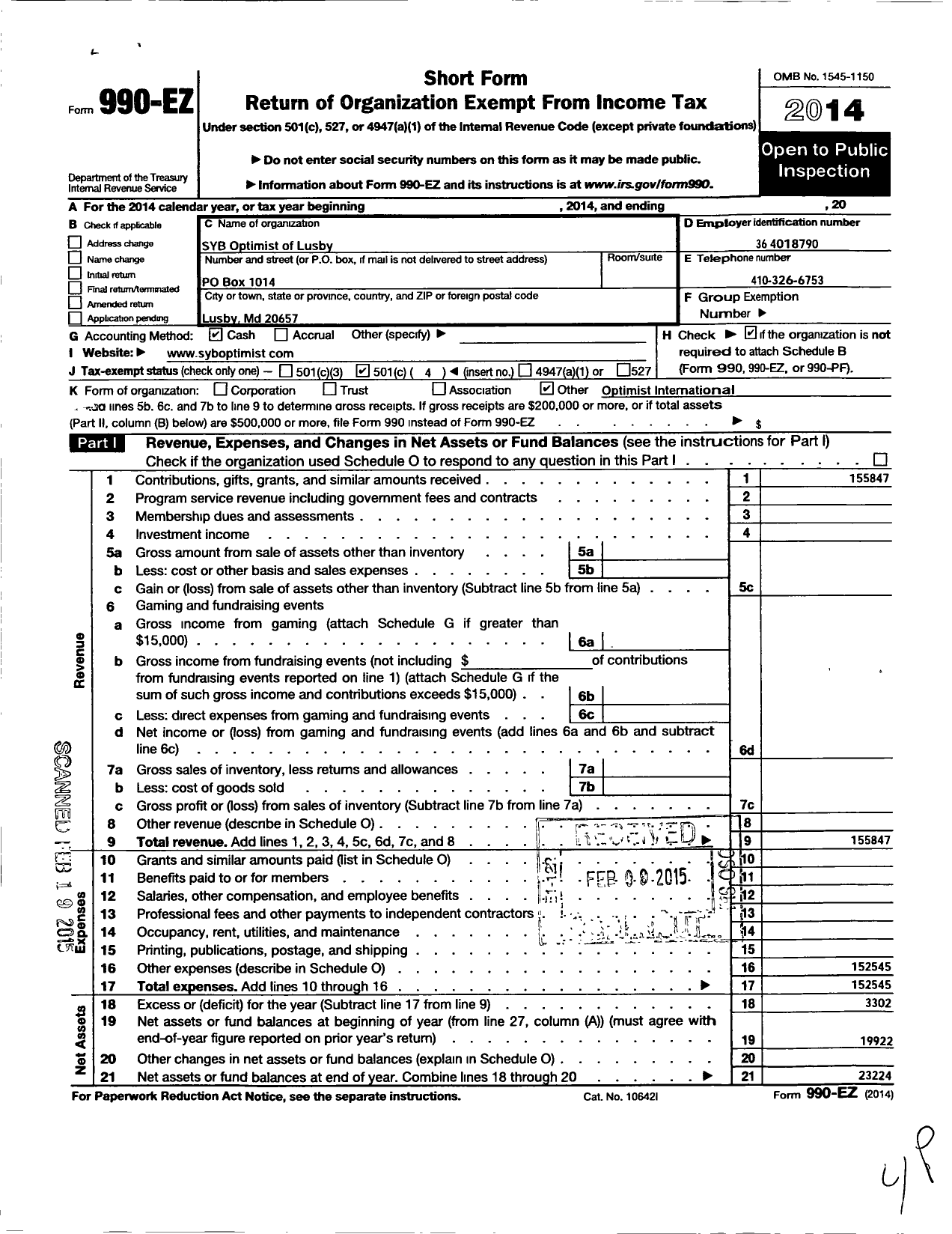 Image of first page of 2014 Form 990EO for Optimist International - 33105 Syb Oc of Lusby Maryland