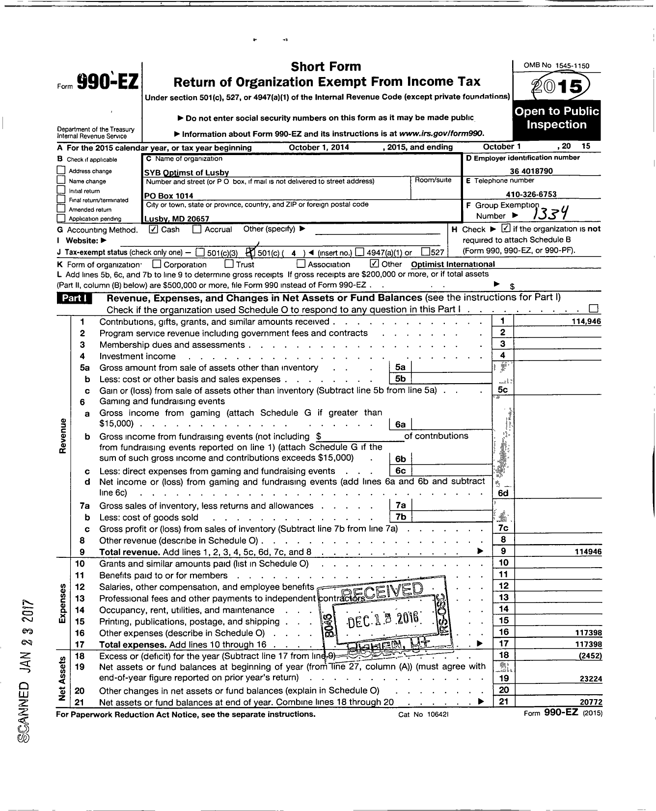 Image of first page of 2014 Form 990EO for Optimist International - 33105 Syb Oc of Lusby Maryland