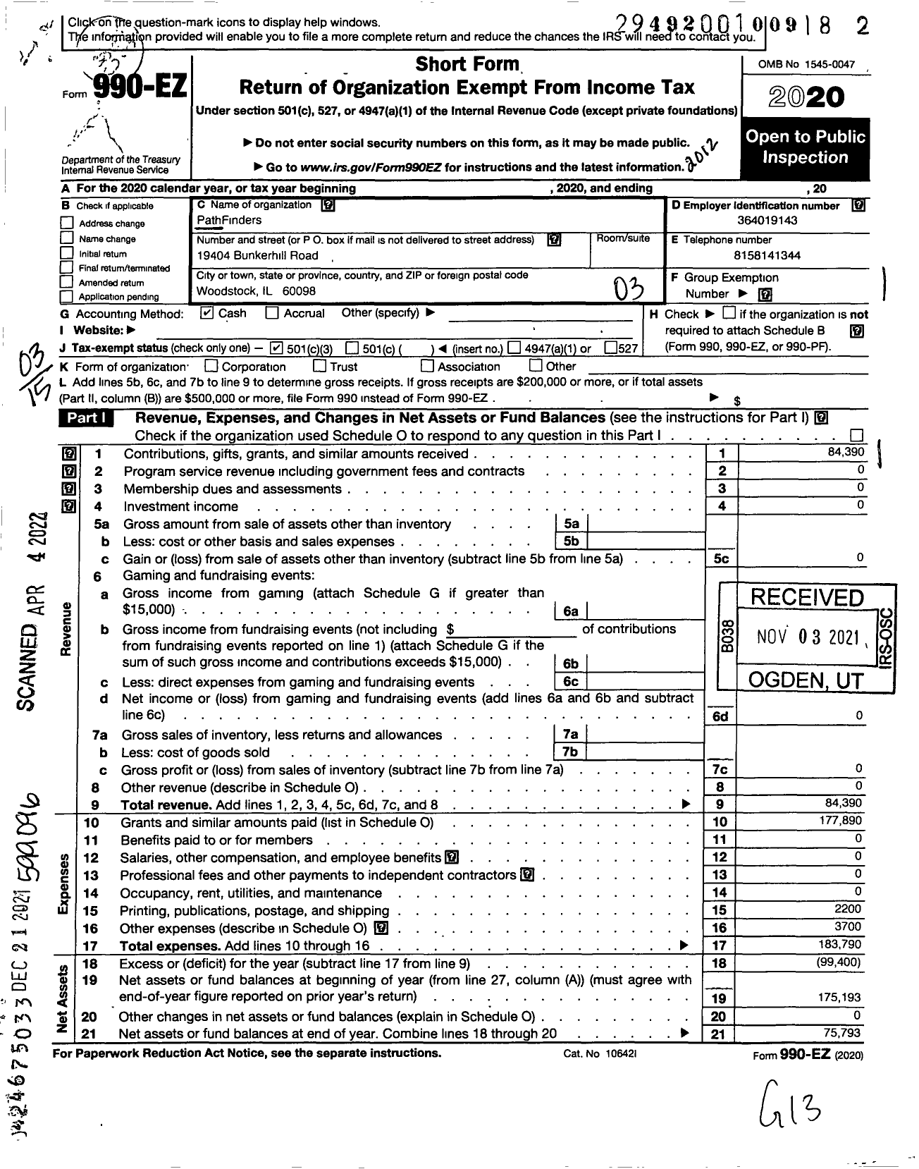 Image of first page of 2020 Form 990EZ for Pathfinders Education Foundation Incorporated