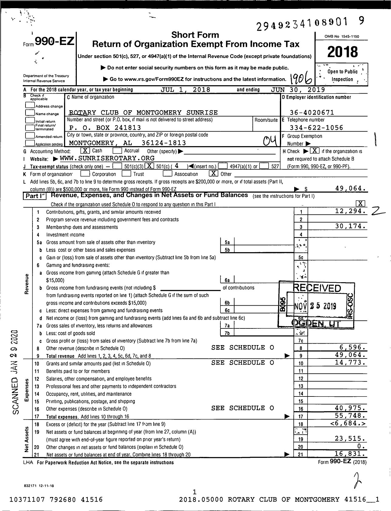 Image of first page of 2018 Form 990EO for Rotary International - Rotary Club Montgomery Sunrise Al