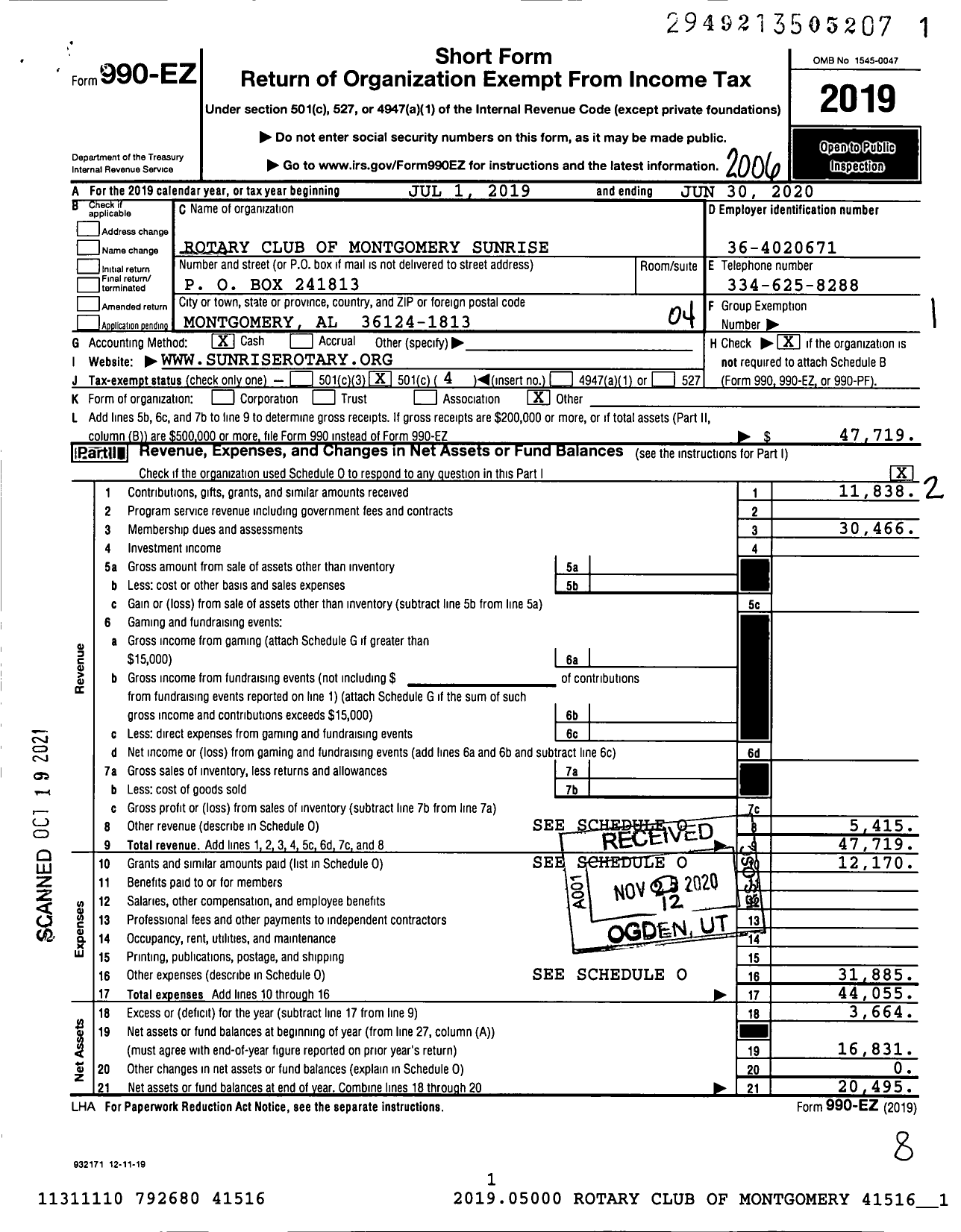 Image of first page of 2019 Form 990EO for Rotary International - Rotary Club Montgomery Sunrise Al