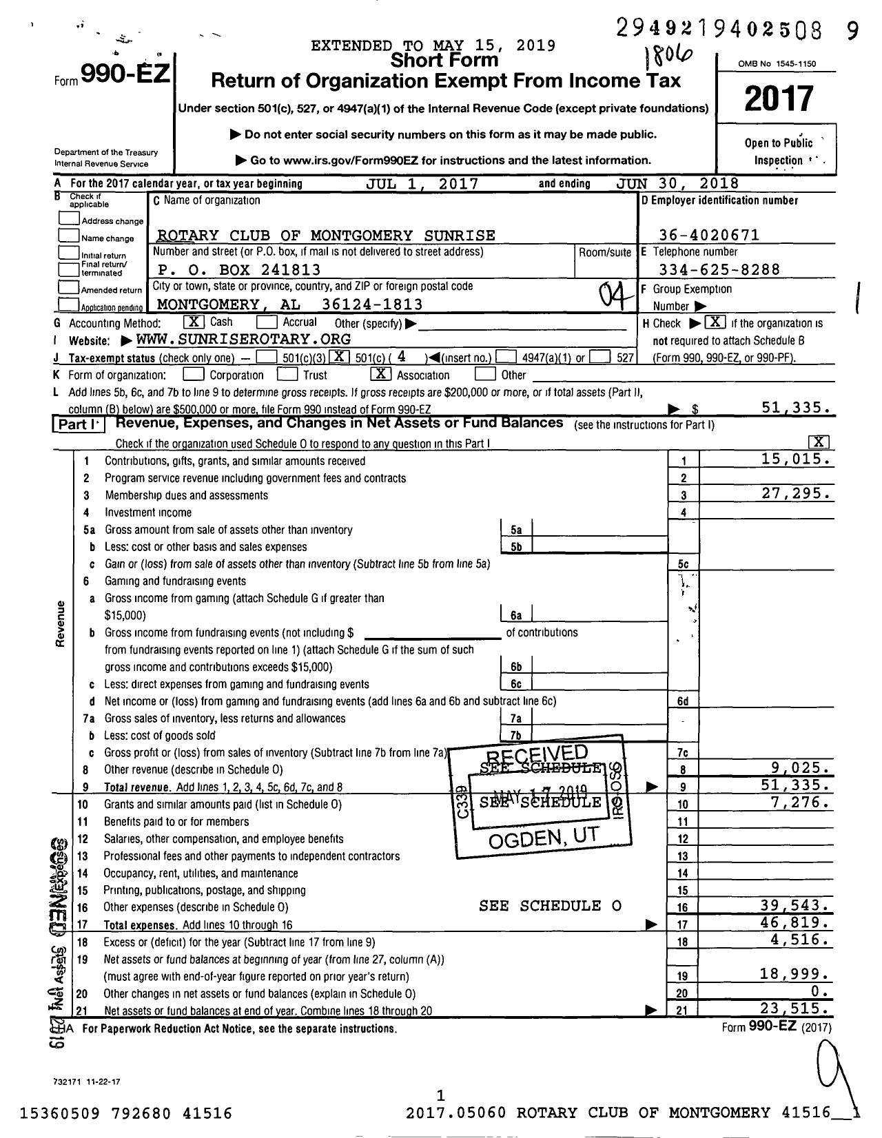 Image of first page of 2017 Form 990EO for Rotary International - Rotary Club Montgomery Sunrise Al