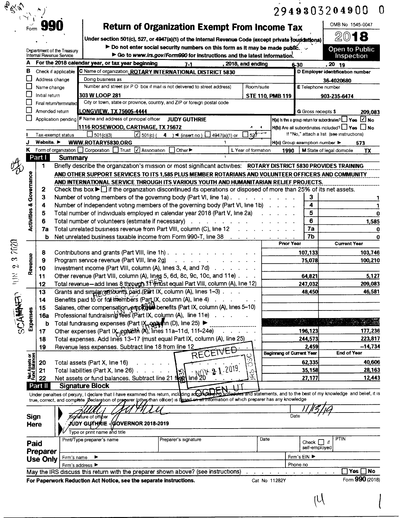 Image of first page of 2018 Form 990O for Rotary International - 5830 District