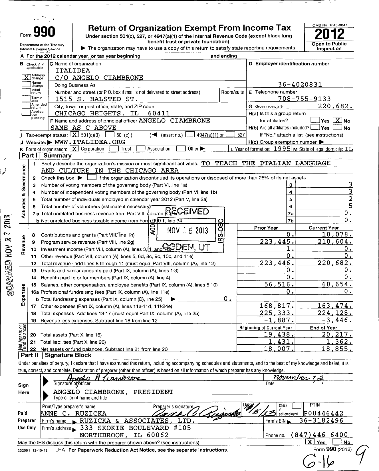 Image of first page of 2012 Form 990 for Italidea