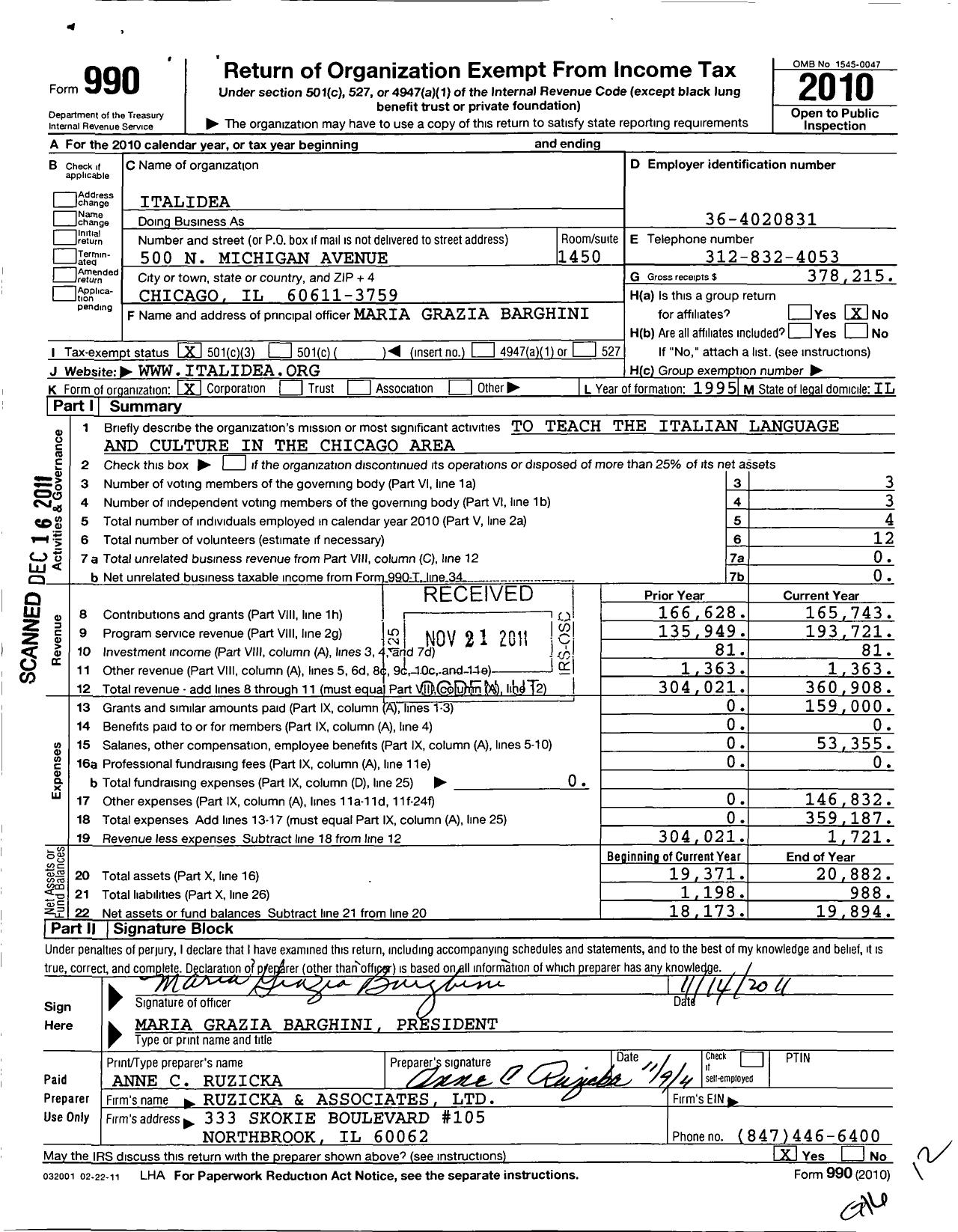 Image of first page of 2010 Form 990 for Italidea