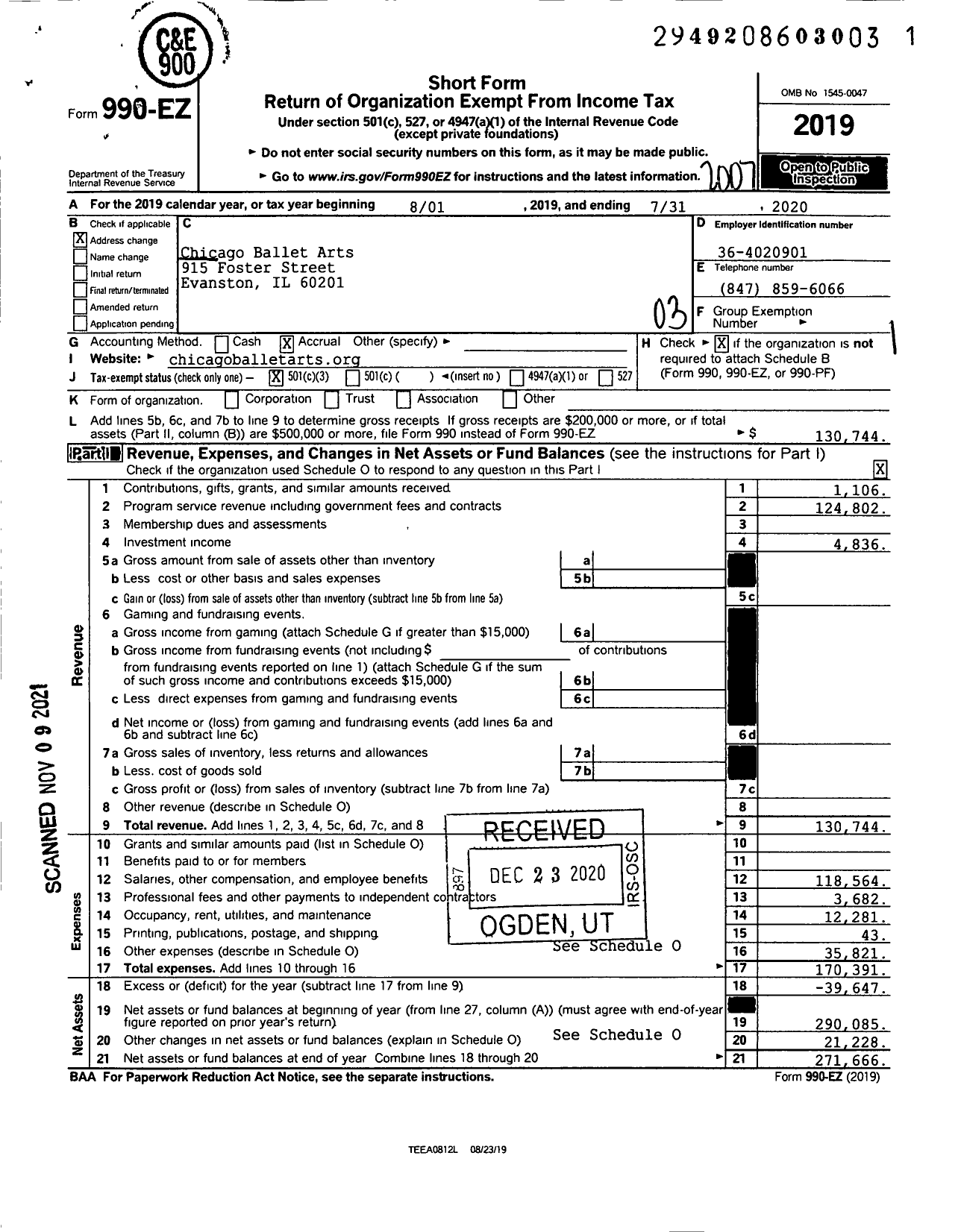 Image of first page of 2019 Form 990EZ for Chicago Ballet Arts