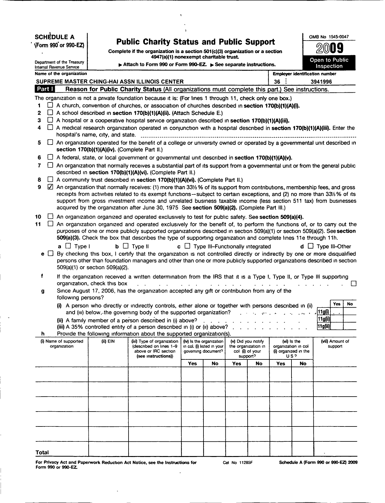 Image of first page of 2009 Form 990ER for The Supreme Master Ching Hai International Association / Illinois