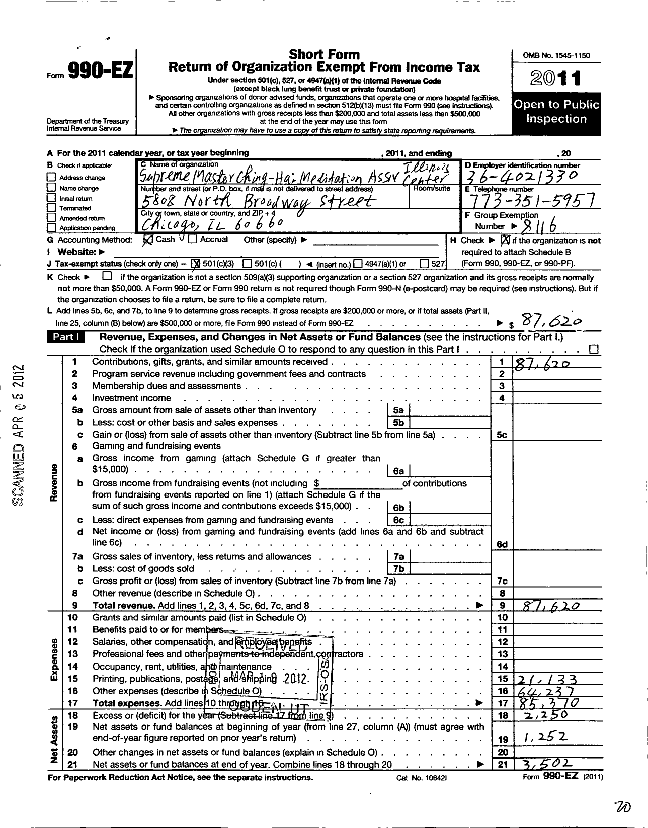 Image of first page of 2011 Form 990EZ for The Supreme Master Ching Hai International Association / Illinois