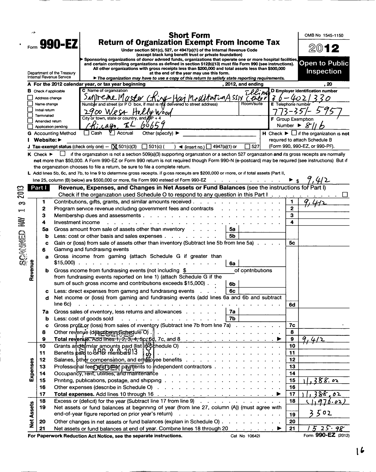 Image of first page of 2012 Form 990EZ for The Supreme Master Ching Hai International Association / Illinois