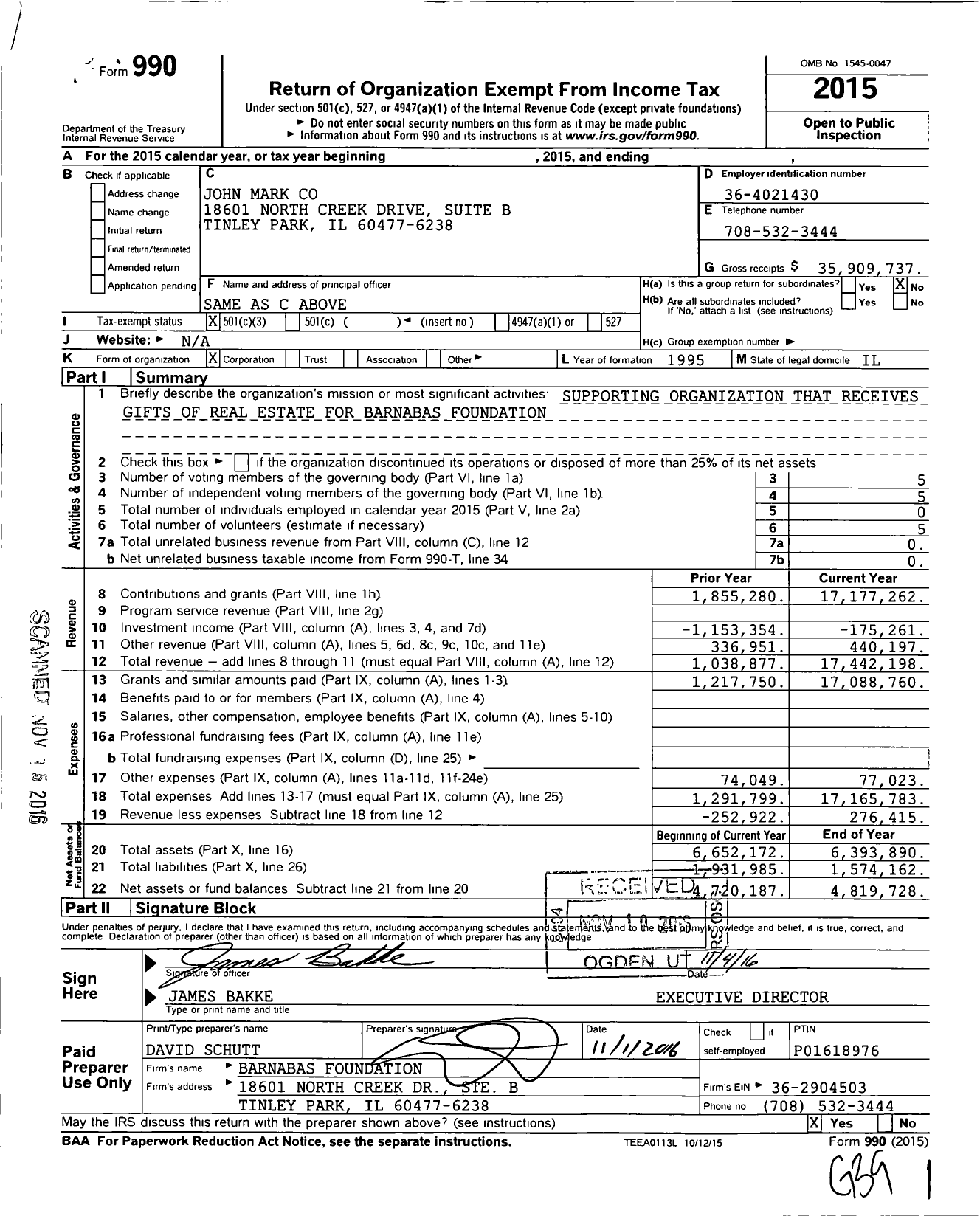Image of first page of 2015 Form 990 for John Mark Co