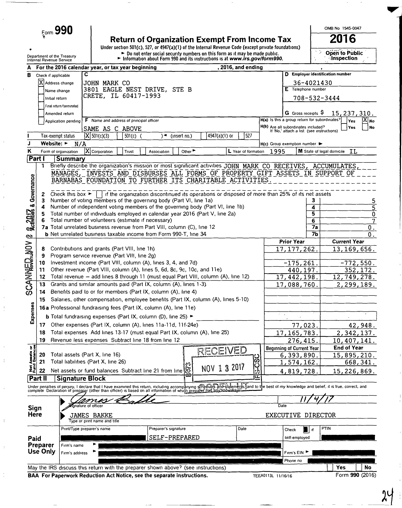 Image of first page of 2016 Form 990 for John Mark Co