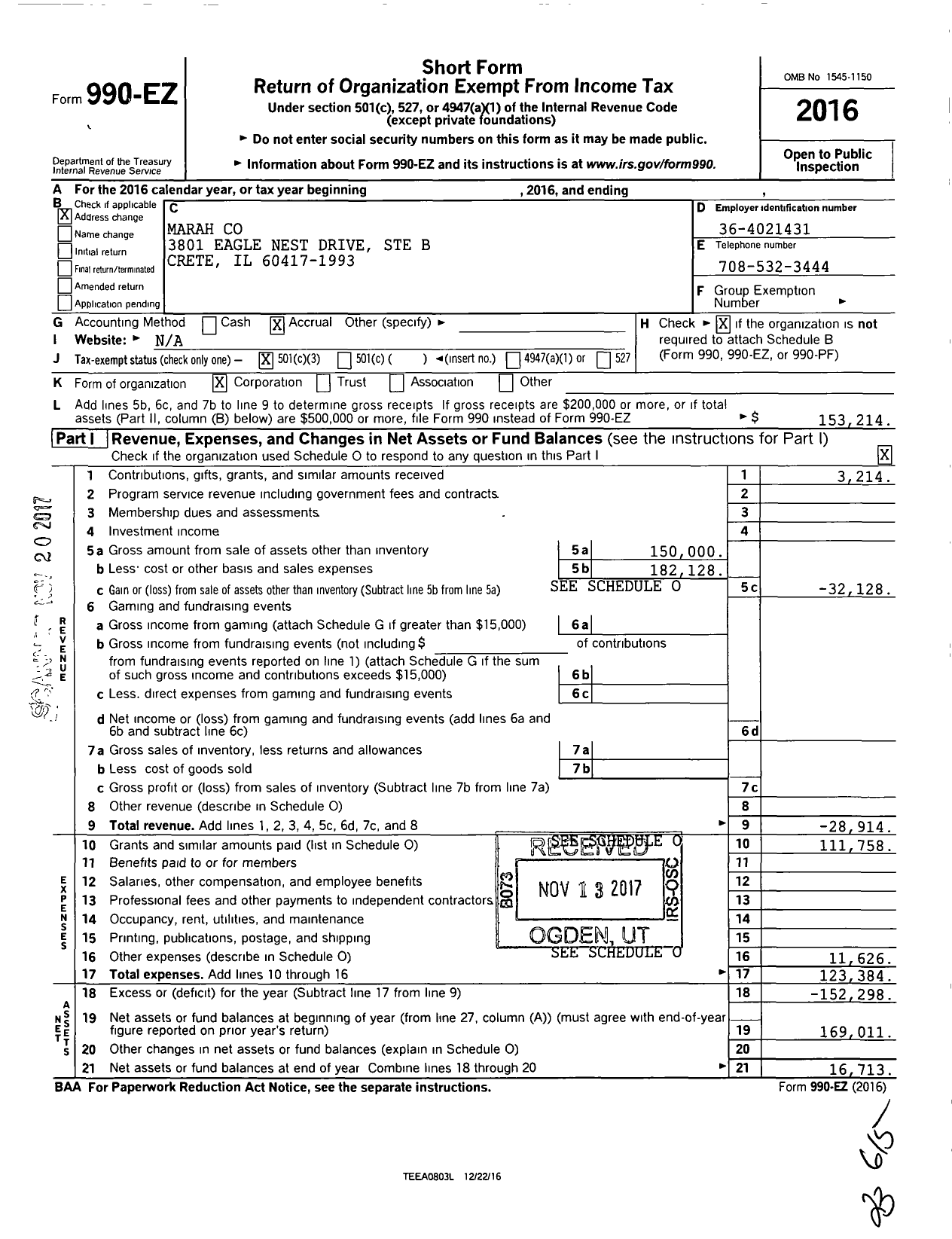 Image of first page of 2016 Form 990EZ for Marah Co