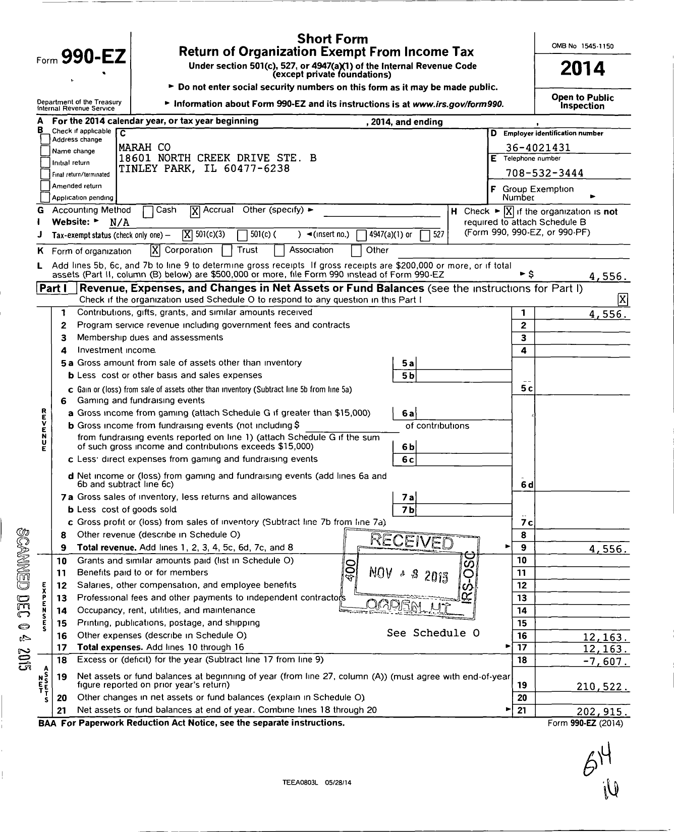 Image of first page of 2014 Form 990EZ for Marah Co