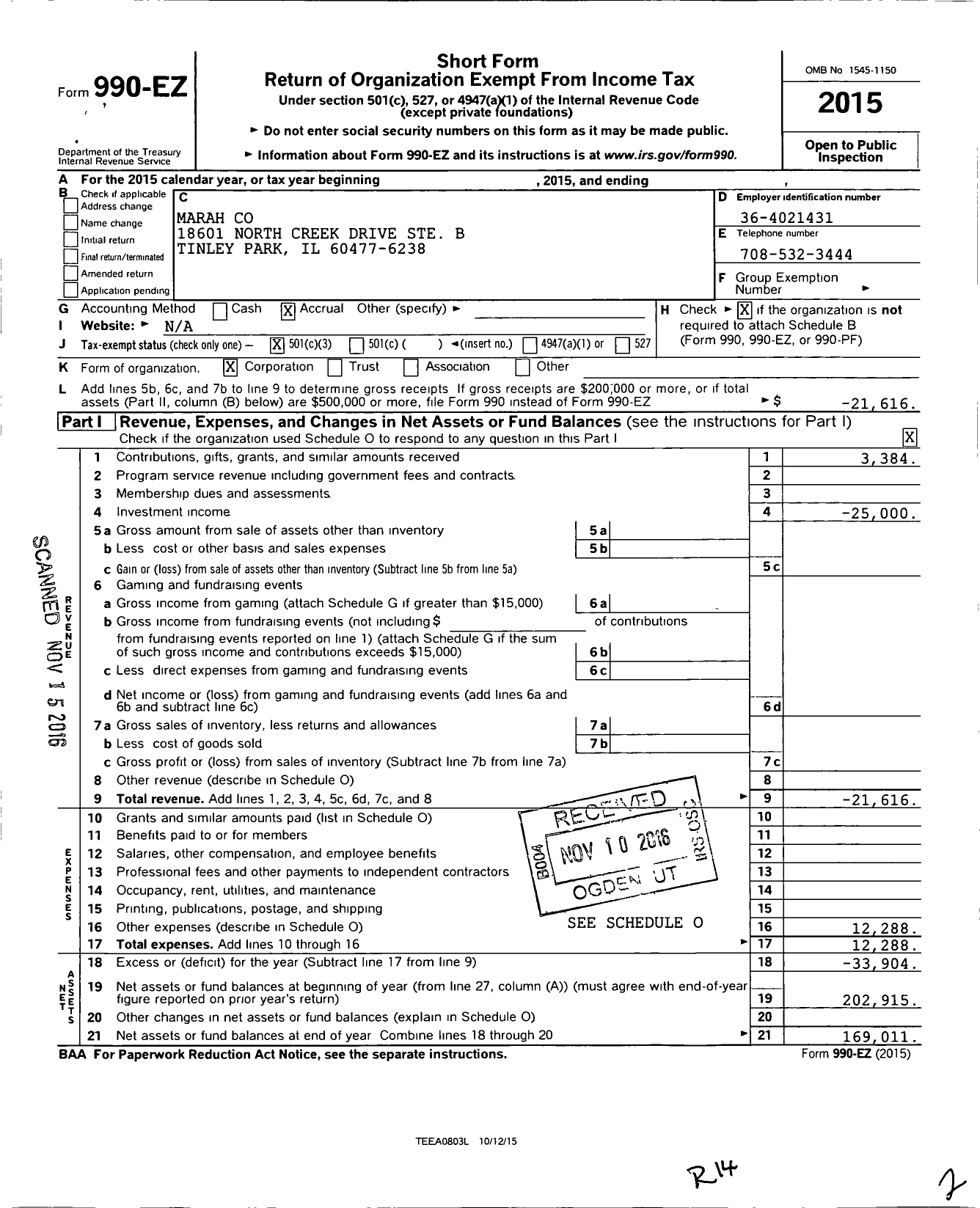 Image of first page of 2015 Form 990EZ for Marah Co