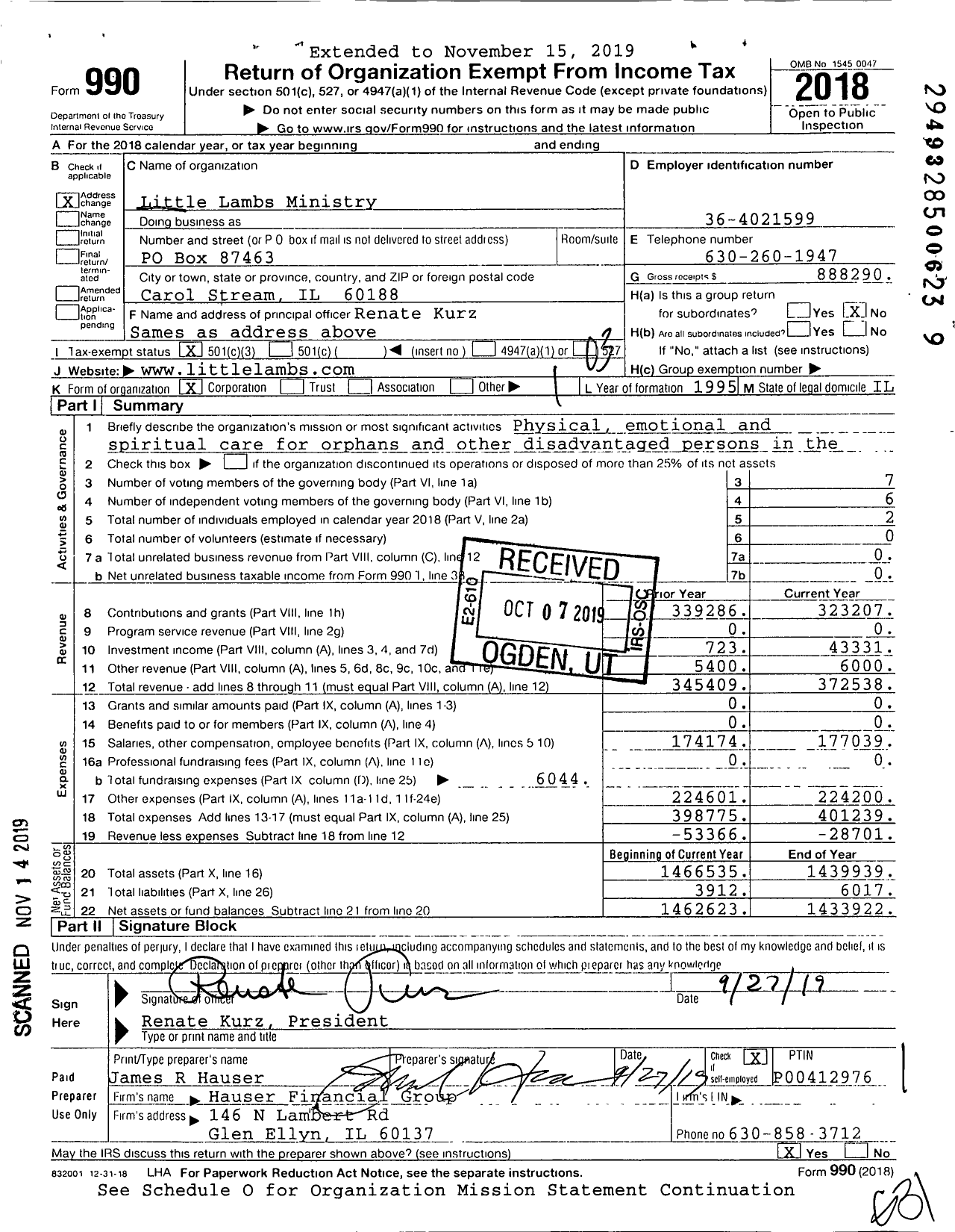 Image of first page of 2018 Form 990 for Little Lambs Ministry