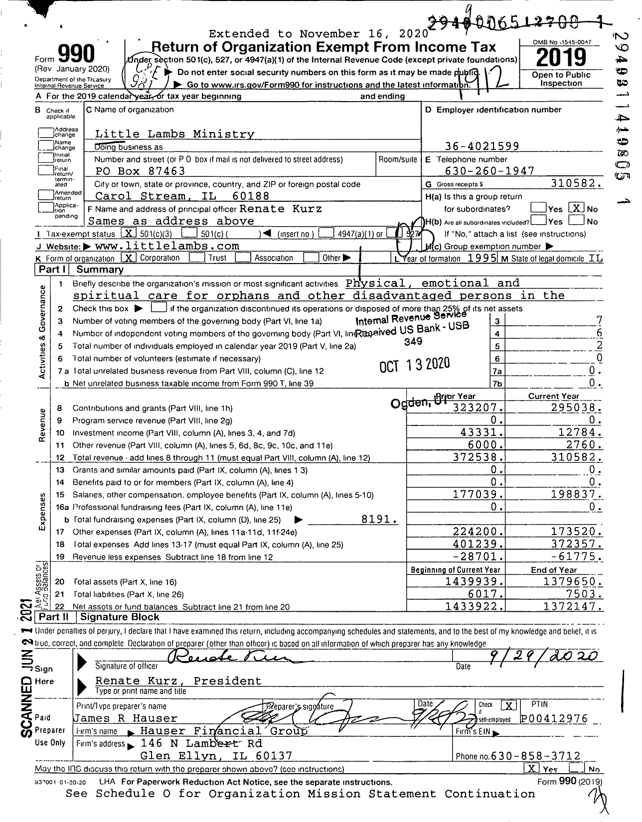 Image of first page of 2019 Form 990 for Little Lambs Ministry