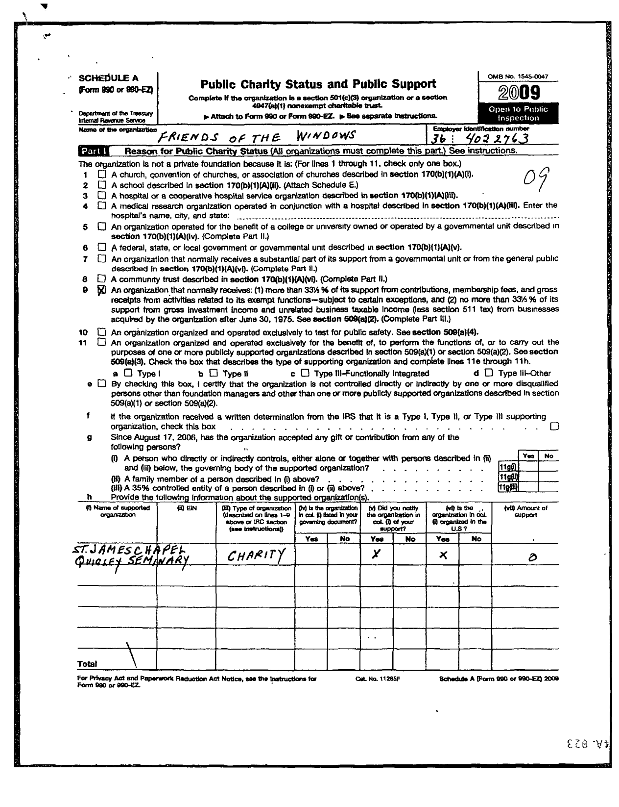 Image of first page of 2009 Form 990ER for Friends of the Windows