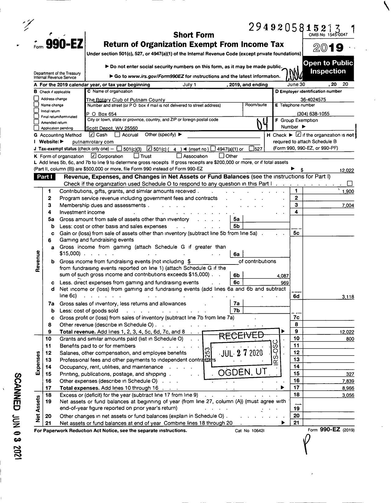 Image of first page of 2019 Form 990EO for Rotary International - Putnam County WV Rotary CLub