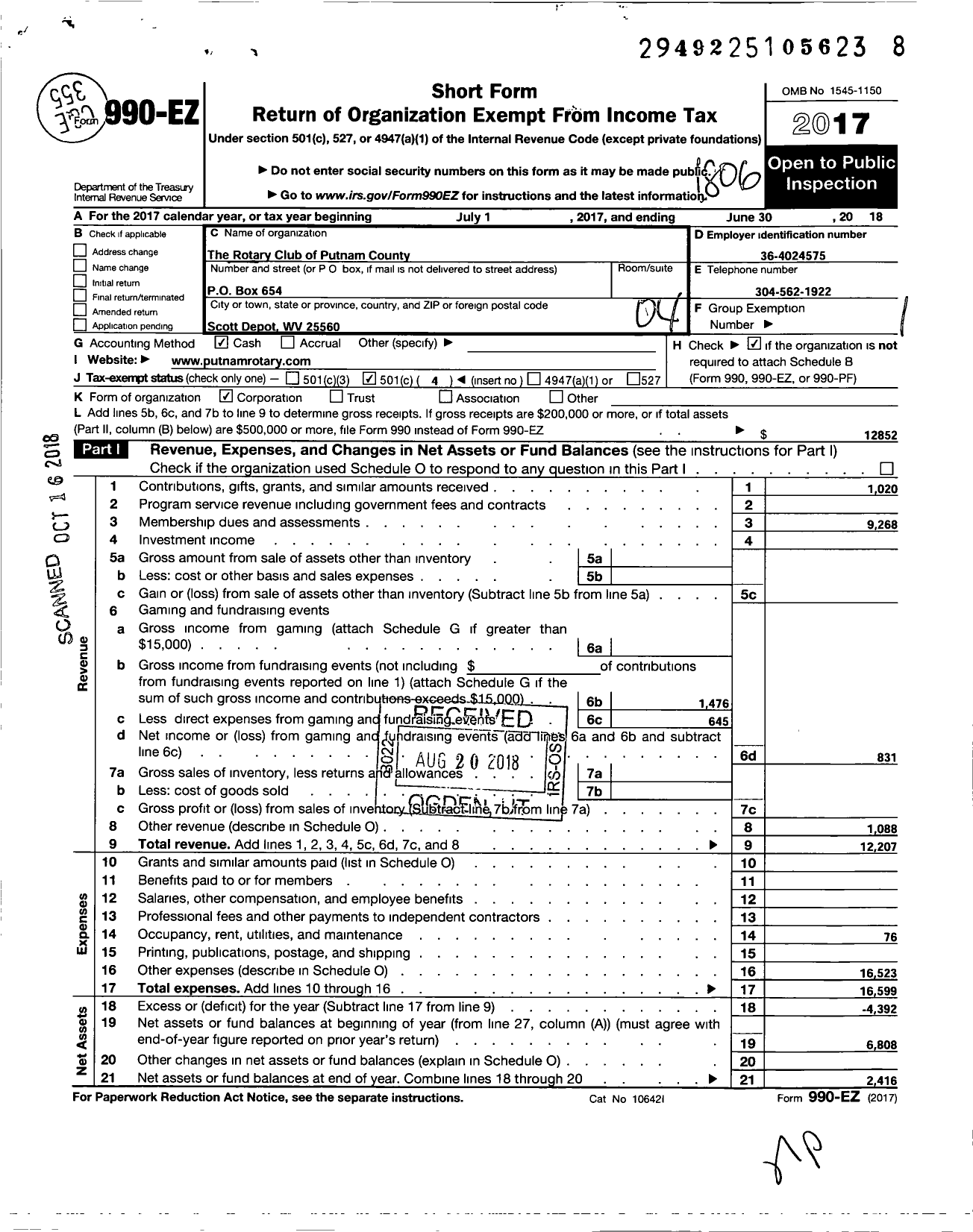 Image of first page of 2017 Form 990EO for Rotary International - Putnam County WV Rotary CLub